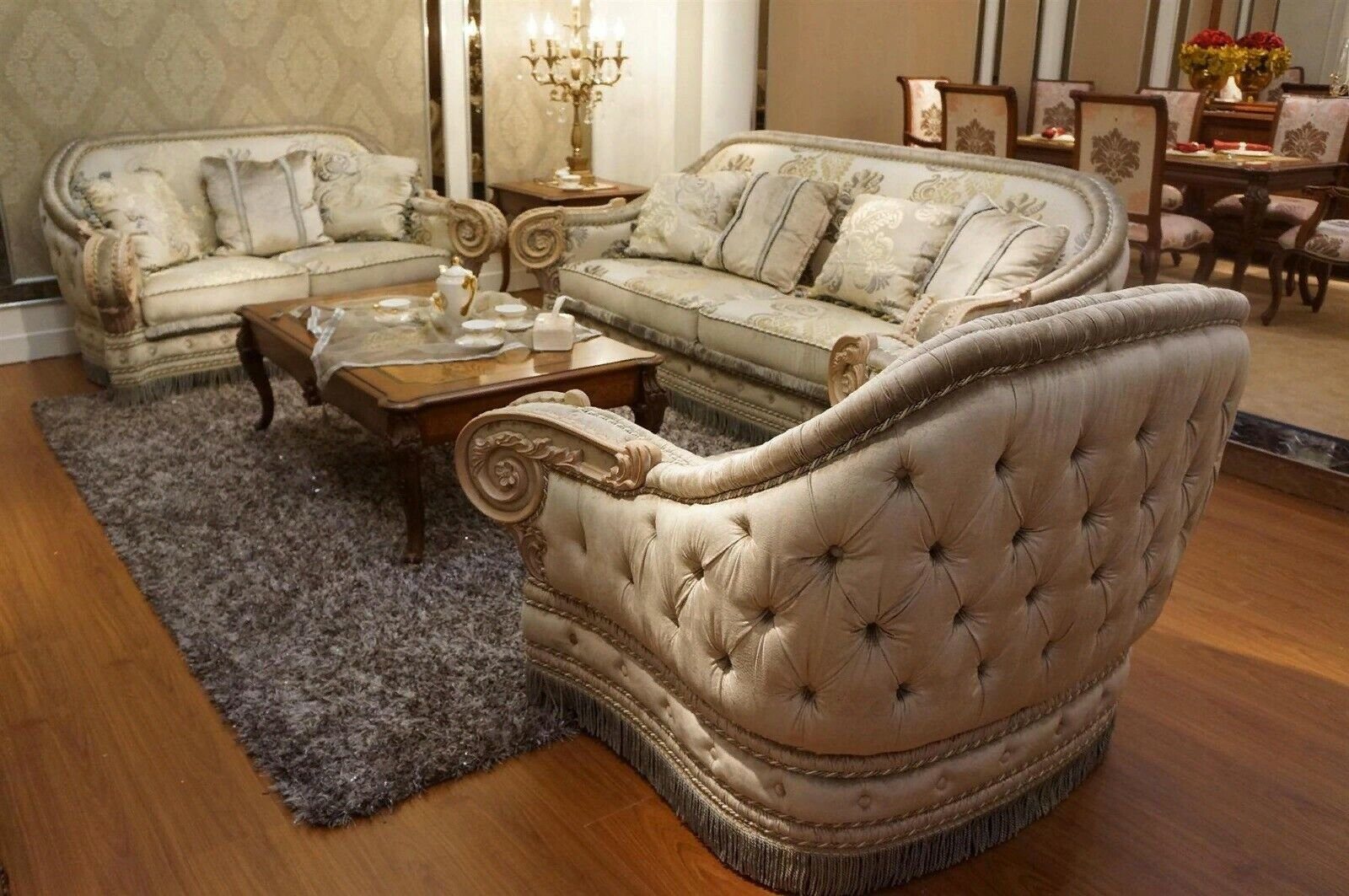 Sofagarnitur Antik Rokoko Sofa, Weiß/Beige Barock Stil Sofa JVmoebel 3+2 Klassische Couch