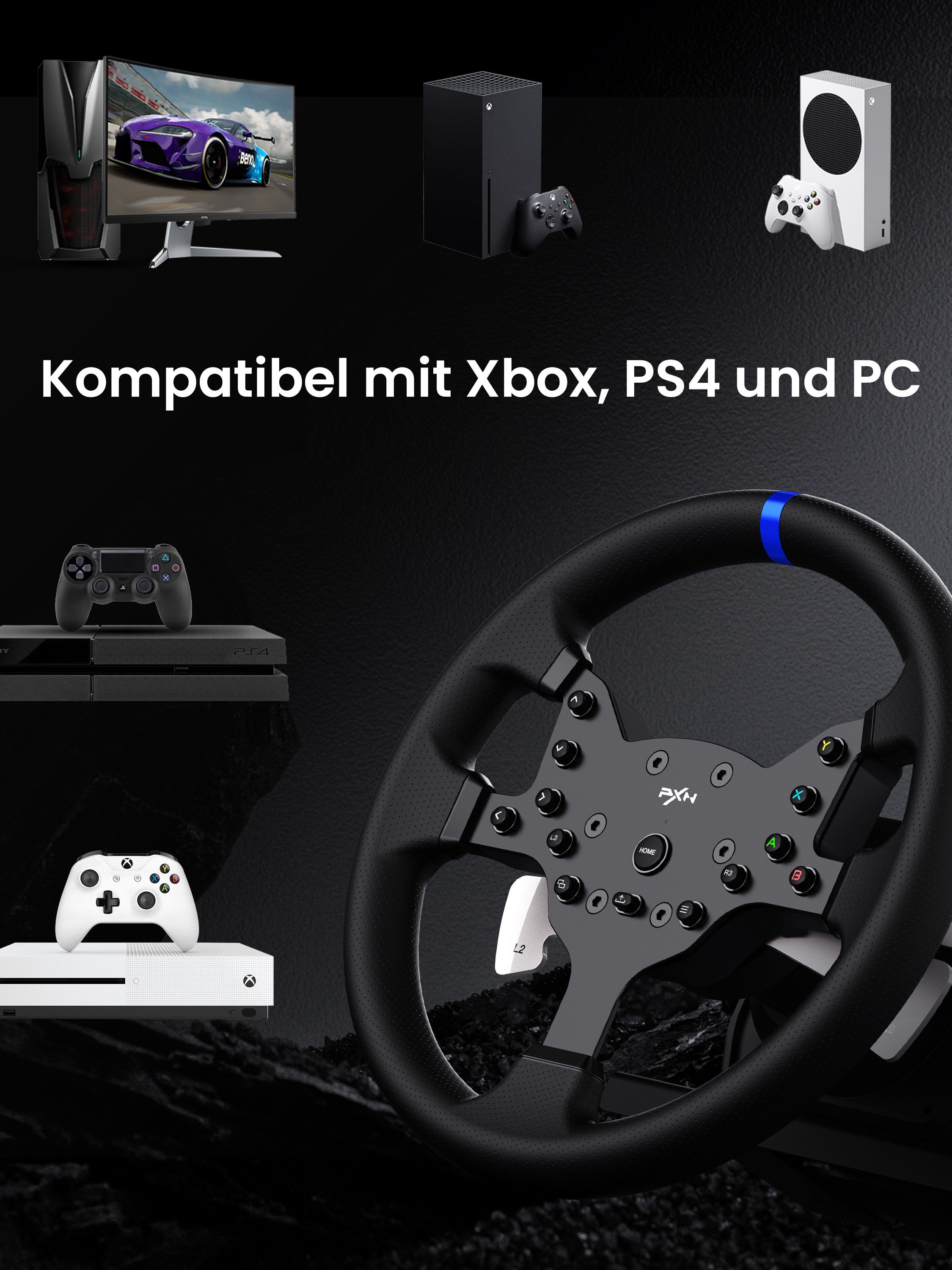PXN PXN V99 Force-Feedback-Rennlenkrad 3,2Nm, 270°/900° Gaming-Lenkrad (Pedale+H-Schaltung, für PC/Xbox One/Series X, S/PS4)