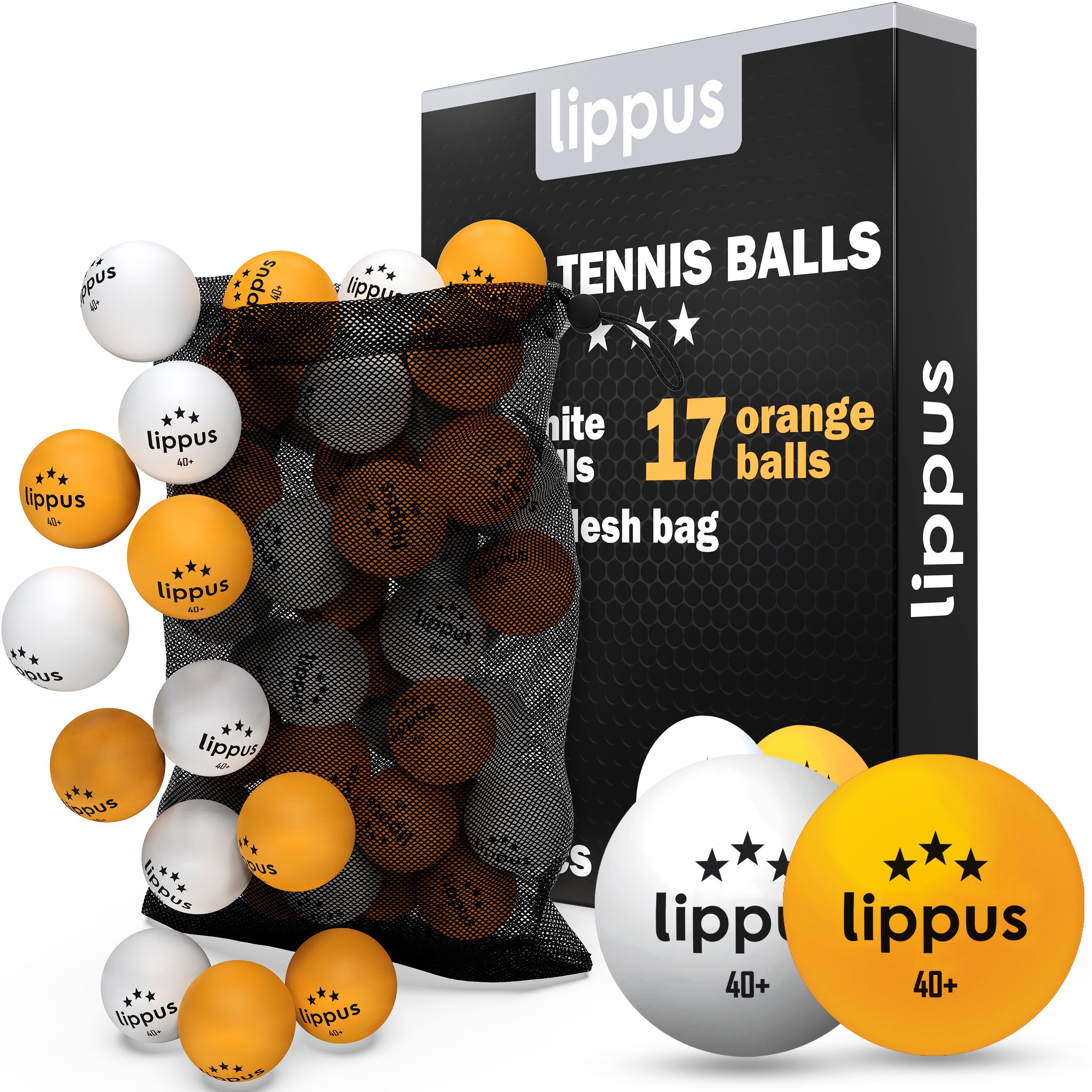 lippus Tischtennisball 3 Stern [35 Stück] SET – 18 Weiße & 17 Orange Tischtennis Bälle (35-St), Tischennisball 3 Sterne, Aufbewahrungsbeutel