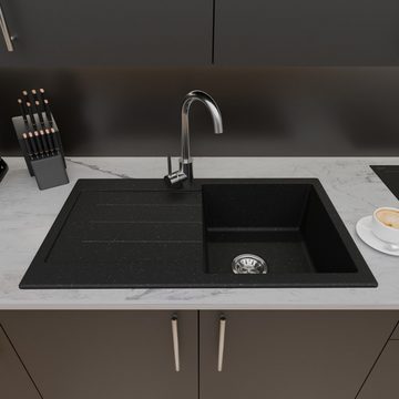 QLS Küchenspüle Master 1.0 Links, Granit-Spülbecken, Einbauspüle Einzelbecken mit Abtropffläche 77x44cm