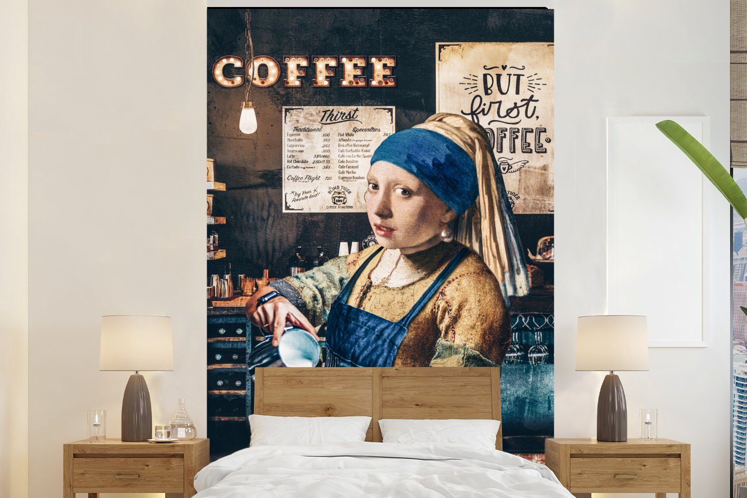 MuchoWow Fototapete Mädchen mit Perlenohrring - Bearbeitetes Gemälde - Barista - Vermeer -, Matt, bedruckt, (3 St), Montagefertig Vinyl Tapete für Wohnzimmer, Wandtapete