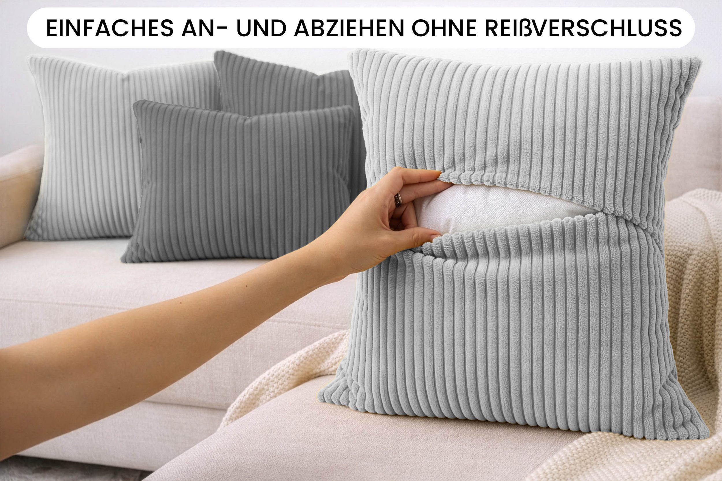 Amilian Dekokissen Sofakissen Cord-Optik 4er Set mit Füllung 2x 40x40 + 2x 35x45 cm, mit Füllung, Hotelverschluss, formstabil – Bild 5 von 5