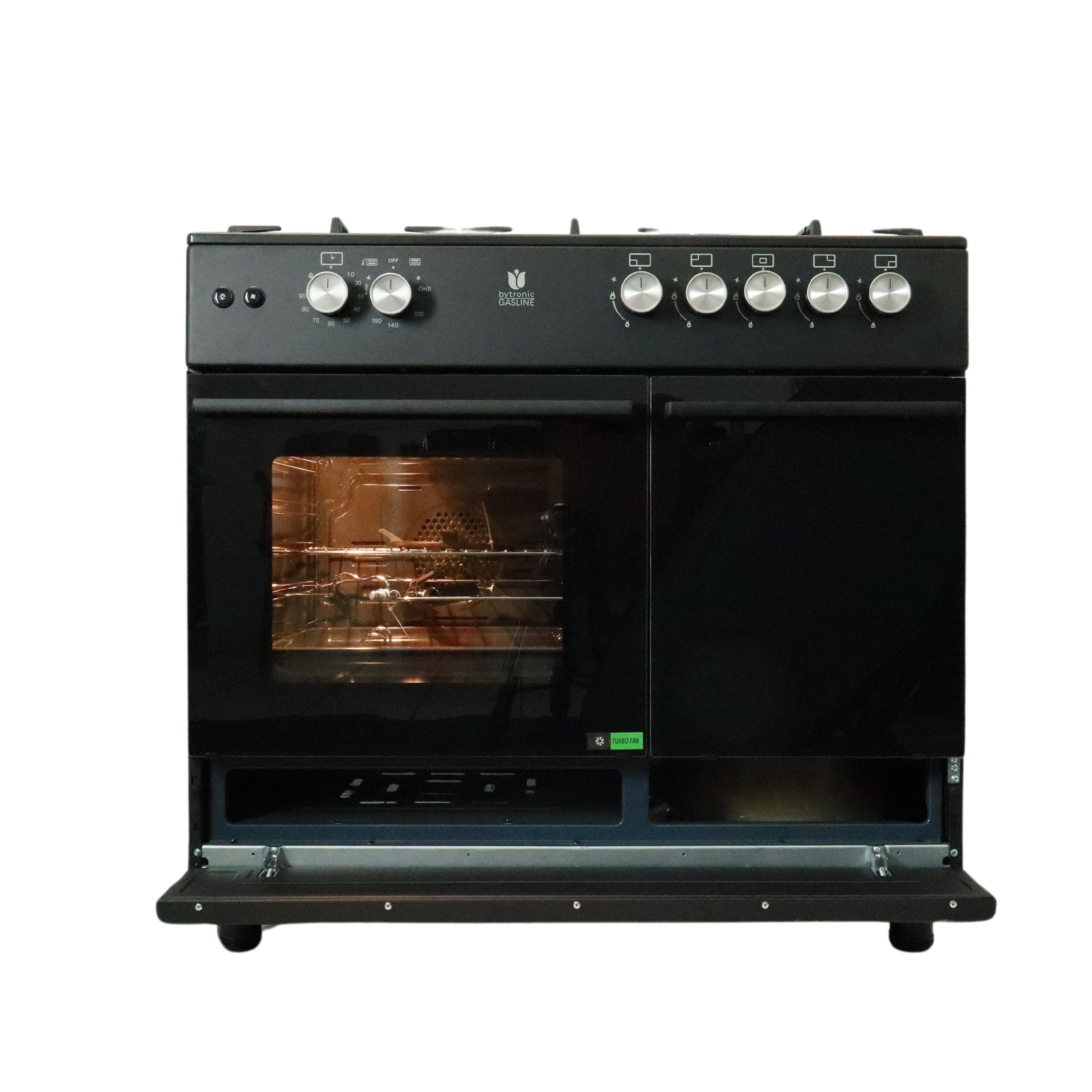 Gasline Gas-Standherd mit Gasbackofen und Flaschenschrank GAG90GOXFLB, mit 1-fach-Teleskopauszug, Elektrische Zündung, Zündsicherung, 90 cm breit mit WOK Brenner, Regler (50mbar)+Gasschlauch