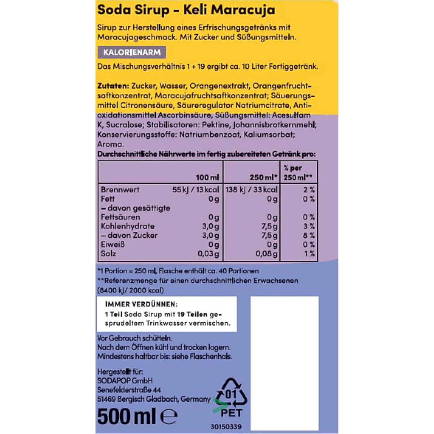 Sodapop Getränke-Sirup SODAPOP KELI Sirup 3er Set, 0,5 l, 500 ml, (Set, 1x Keli Ananas, 1x Keli Maracuja, 1x Keli Himbeer), Immer verdünnen! – Bild 5 von 5