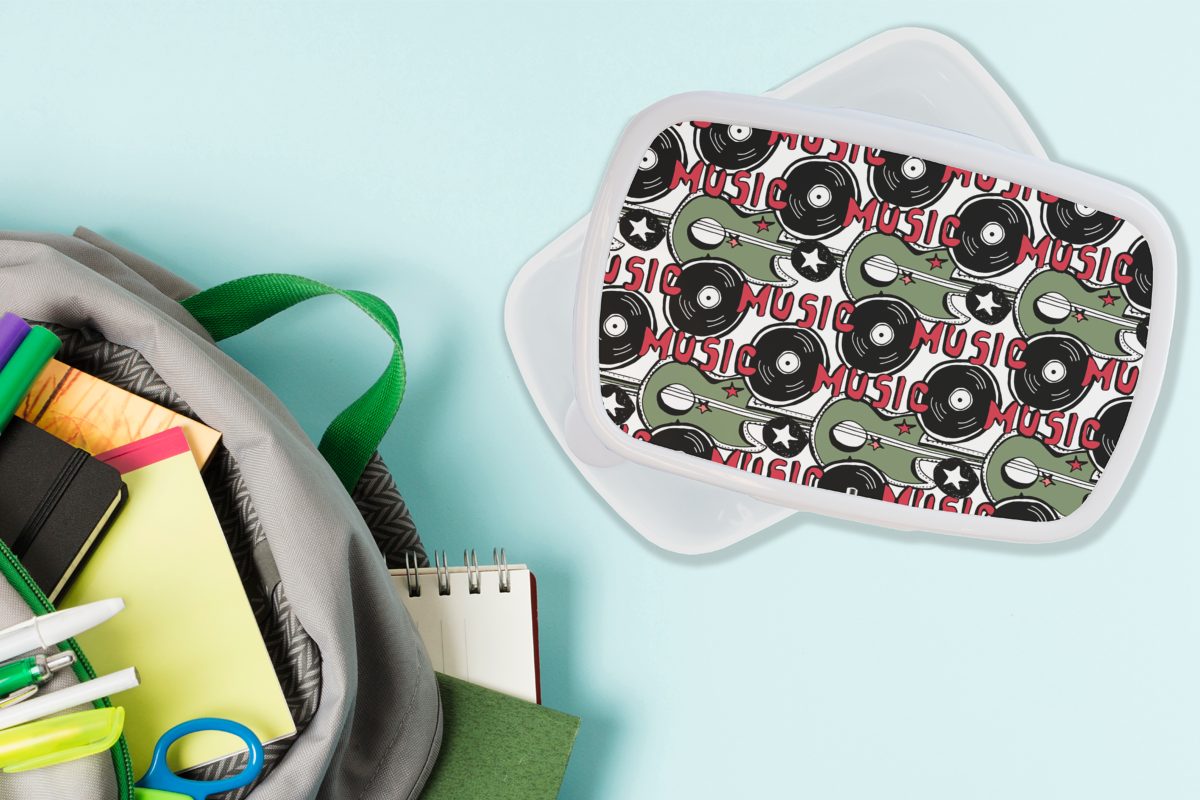 für MuchoWow für Brotbox Vinyl, und weiß (2-tlg), Lunchbox Erwachsene, Kunststoff, Musik Muster Brotdose, - Kinder - und Jungs Mädchen