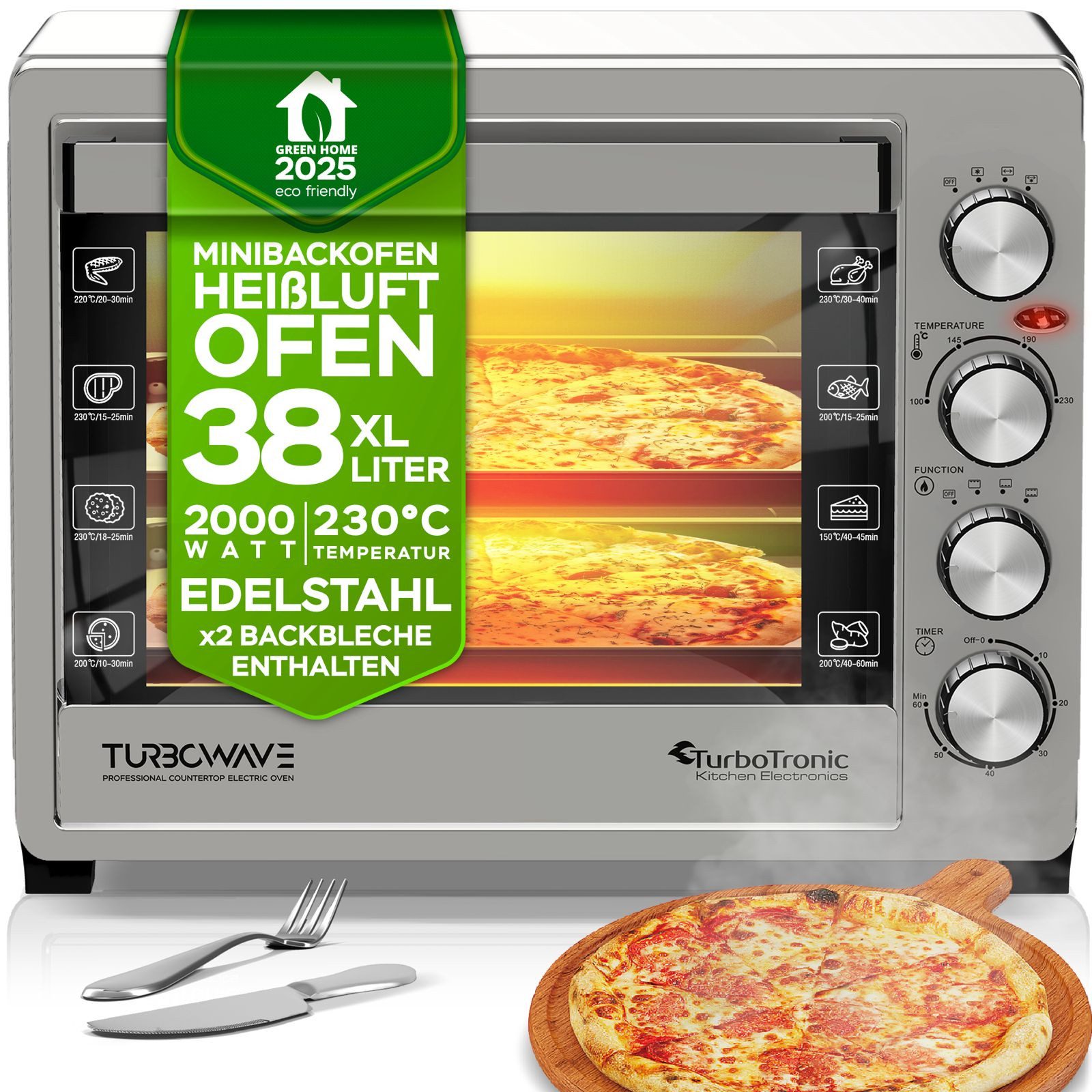 TurboTronic by Z-Line Minibackofen 38 L mit Grill, Umluft, Drehspieß & Timer XL-Tischbackofen Edelstahl, für Pizza, Aufläufe, Braten Kompakter Mini-Backofen Doppelglastür