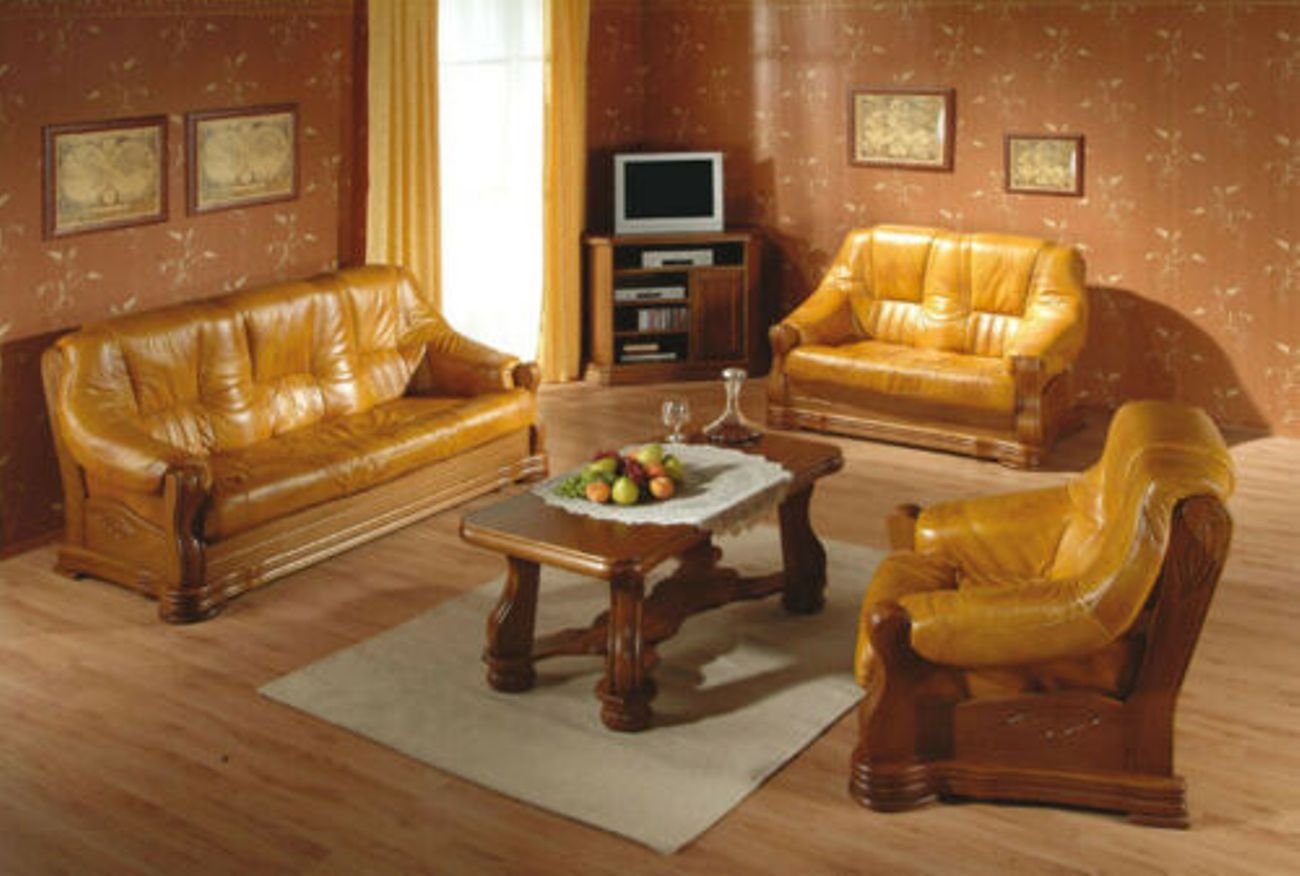JVmoebel Sofa Sofagarnitur Holz Leder 3+2+1 Komplettes Set Klassik Sitz Polster, Made in Europe