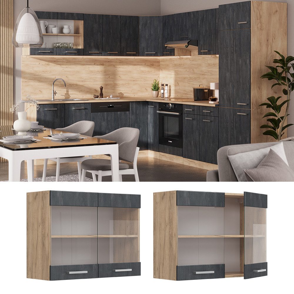 Vicco Glashängeschrank R-Line, Schwarz Beton/Goldkraft Eiche, günstig online kaufen