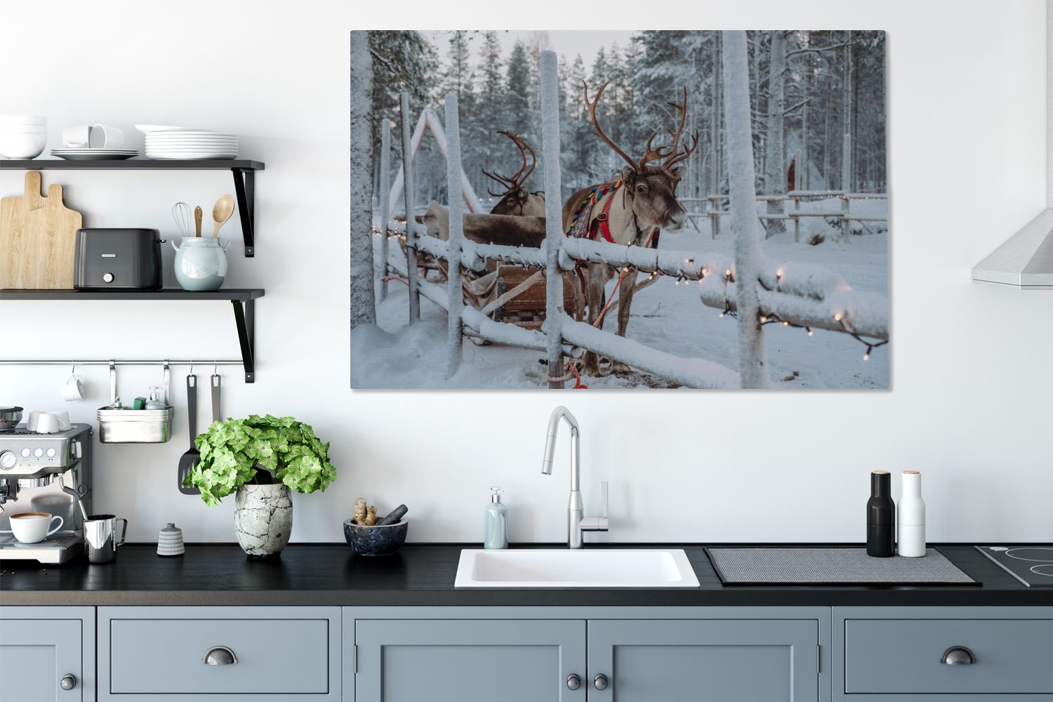 Leinwandbild großes, (1 Gemälde, Wandbild in Finnland, für Weihnachtsmanns im Dorf des OneMillionCanvasses® XXL, St), Rentier alle Wohnbereiche, 120x80 Ein cm