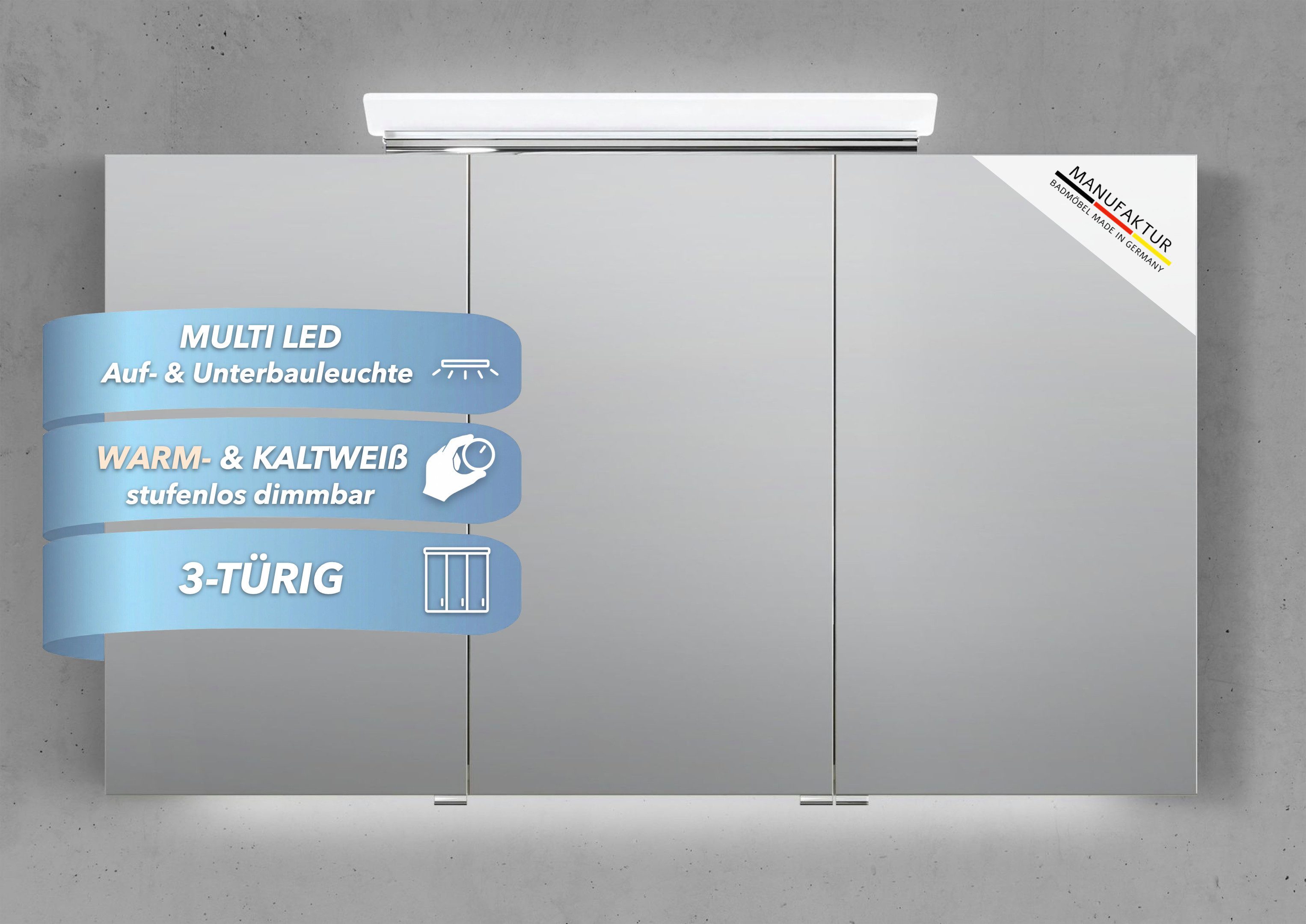 Intarbad Badezimmerspiegelschrank 3-türiger Spiegelschrank mit großflächiger MULTI LED Aufsatzleuchte (Doppelspiegeltüren, Holz-/ Lackdekore, Maße von 120 bis 140 cm wählbar, Höhe 70 cm, Glasfachböden, Magnetleiste & Kosmetikspiegel Ø 12 cm) dimmbar, Vormontierte Lieferung, 160 kg Traglast, Made in Germany