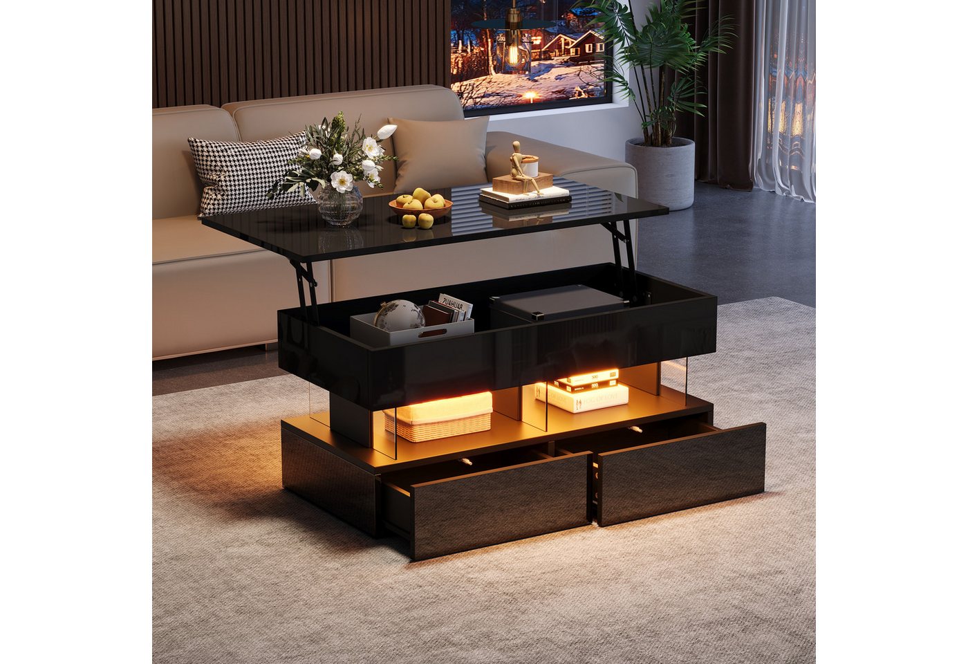 Merax Couchtisch anhebbarer Sofatisch mit LED-Beleuchtung (1-St., 120 x 50 x 46 cm), Wohnzimmertisch mit 2 Schubladen, Ablagefach & verstecktem Stauraum
