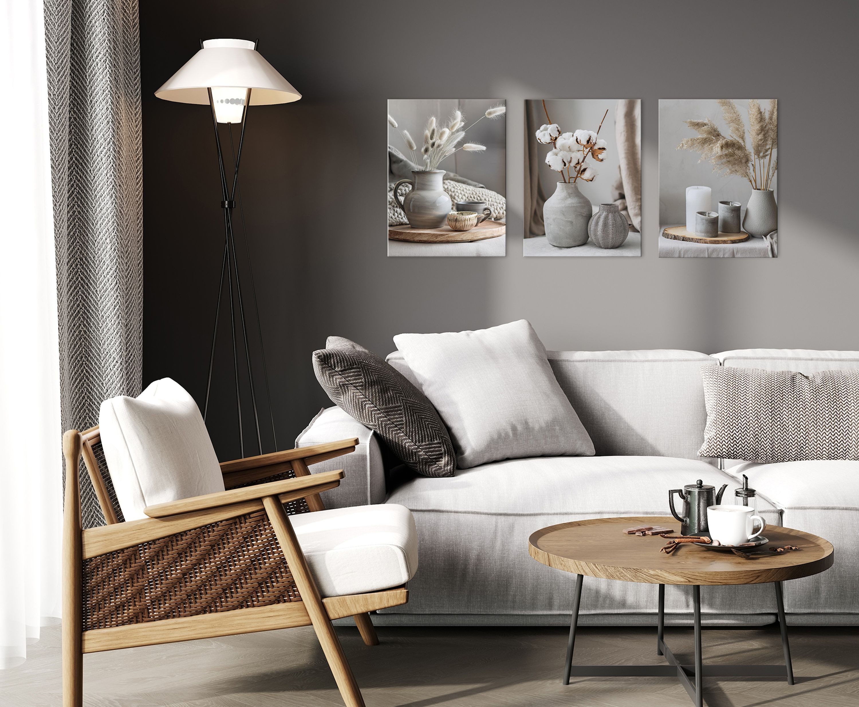 artissimo Mehrteilige Bilder Bilderset 3er-Set, Wandbilder-Set natur, Bilderwand Bilder beige weiß, moderne Stillleben: Gräser in weiß und beige