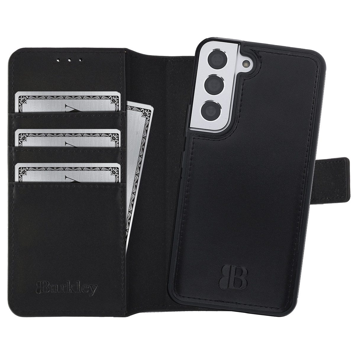 Burkley Handytasche Samsung Galaxy S22 Handytasche mit modularem Case (1-tlg., Book Case Lederhülle mit Kartenfach und Magnetverschluss), herausnehmbare Innenhülle, Kartenfächer mit Kick-Stand