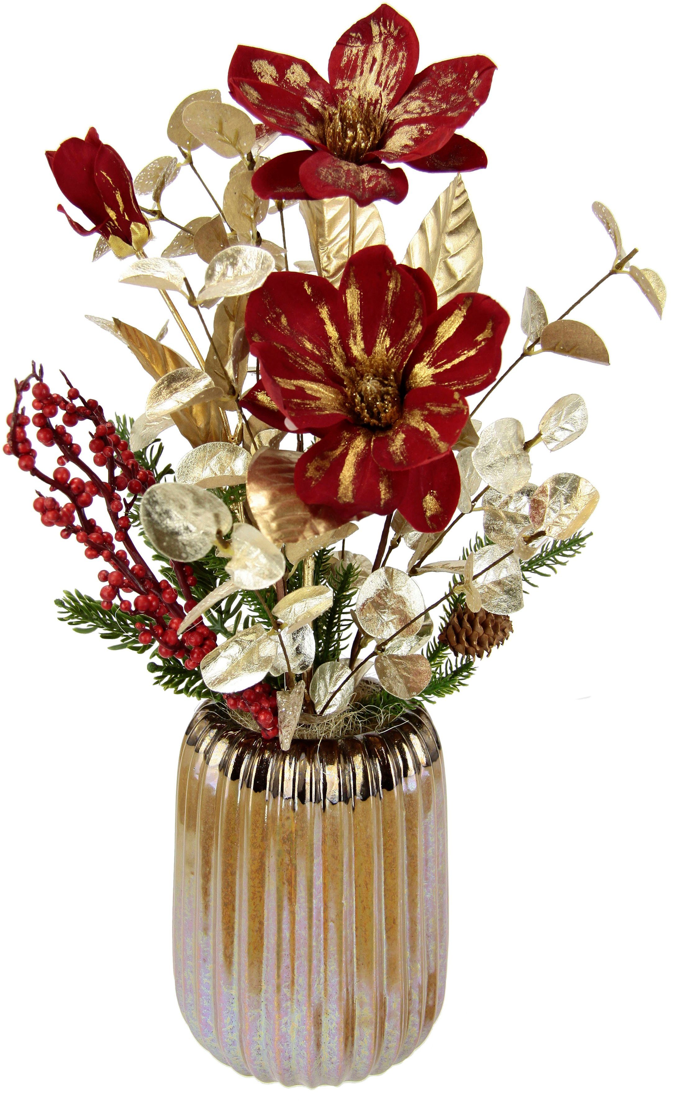 Winterliche Kunstpflanze Gesteck 50 Weihnachtsdeko, Keramikvase, Tanne, I.GE.A., Kunstblumen-Arrangement, Höhe festliches Magnolie mit Weihnachtsgesteck in Magnolie, cm, Blumenensemble