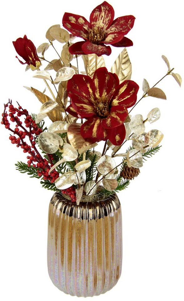 Winterliche Kunstpflanze Gesteck mit Magnolie in Keramikvase, Weihnachtsdeko,  Magnolie, Tanne, I.GE.A., Höhe 50 cm, Kunstblumen-Arrangement, festliches  Blumenensemble, Weihnachtsgesteck