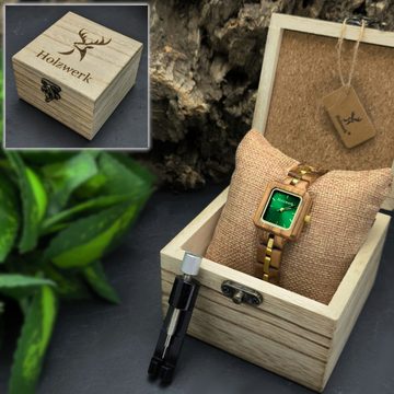 Holzwerk Quarzuhr NEUSS kleine Damen Holz Armband Uhr in ahorn beige, gold & grün
