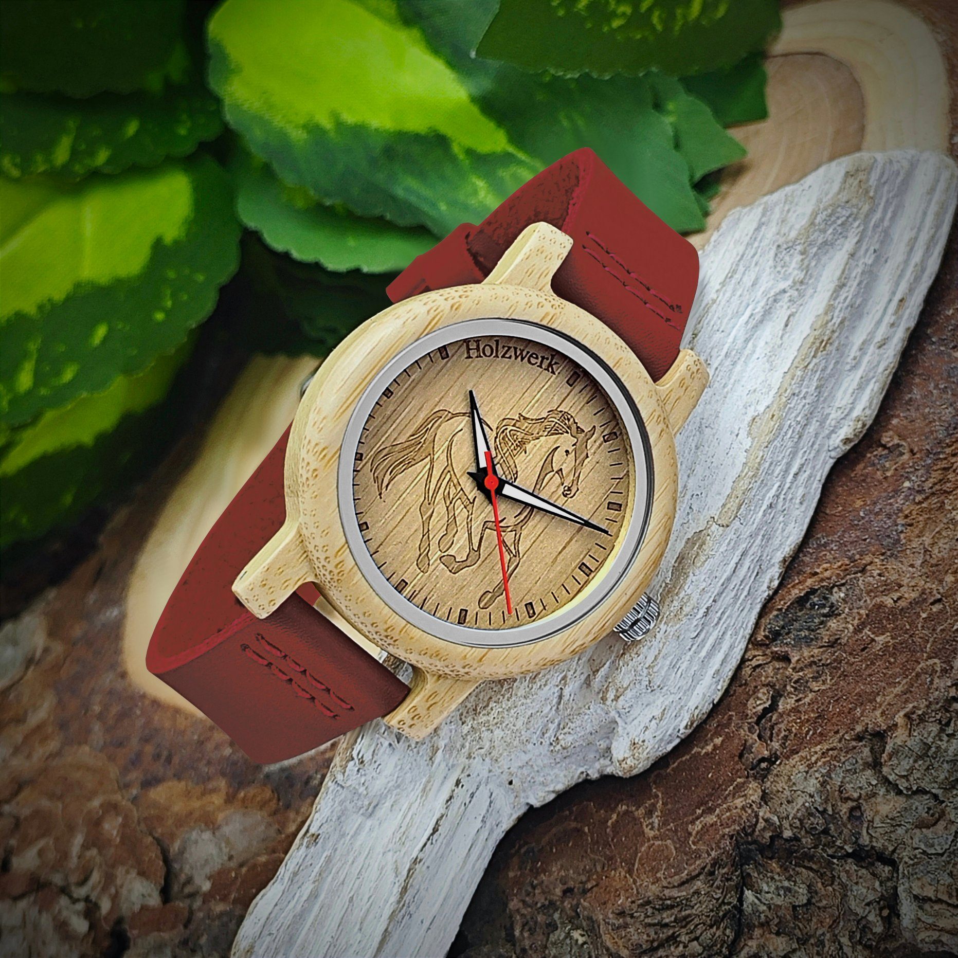 Holzwerk Quarzuhr LIL TORI RED Kinder Leder & Holz Armband Uhr mit Pferd Motiv, rot