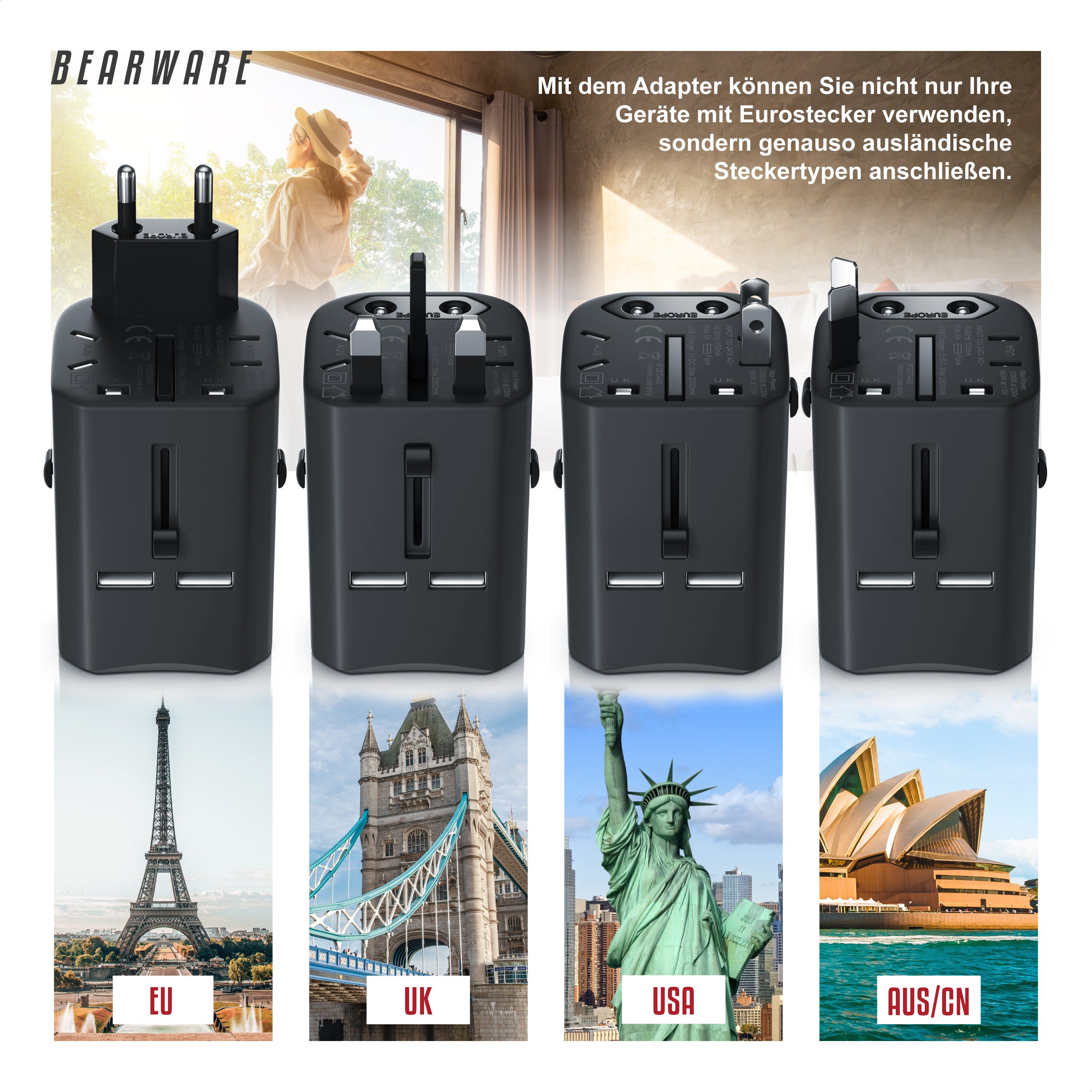 BEARWARE Reisestecker, Reise Steckdosen Adapter weltweit mit USB Ladegerät Reiseadapter, Universal, USB Ladestation, für 140 Länder/Regionen, 2x USB Buchse