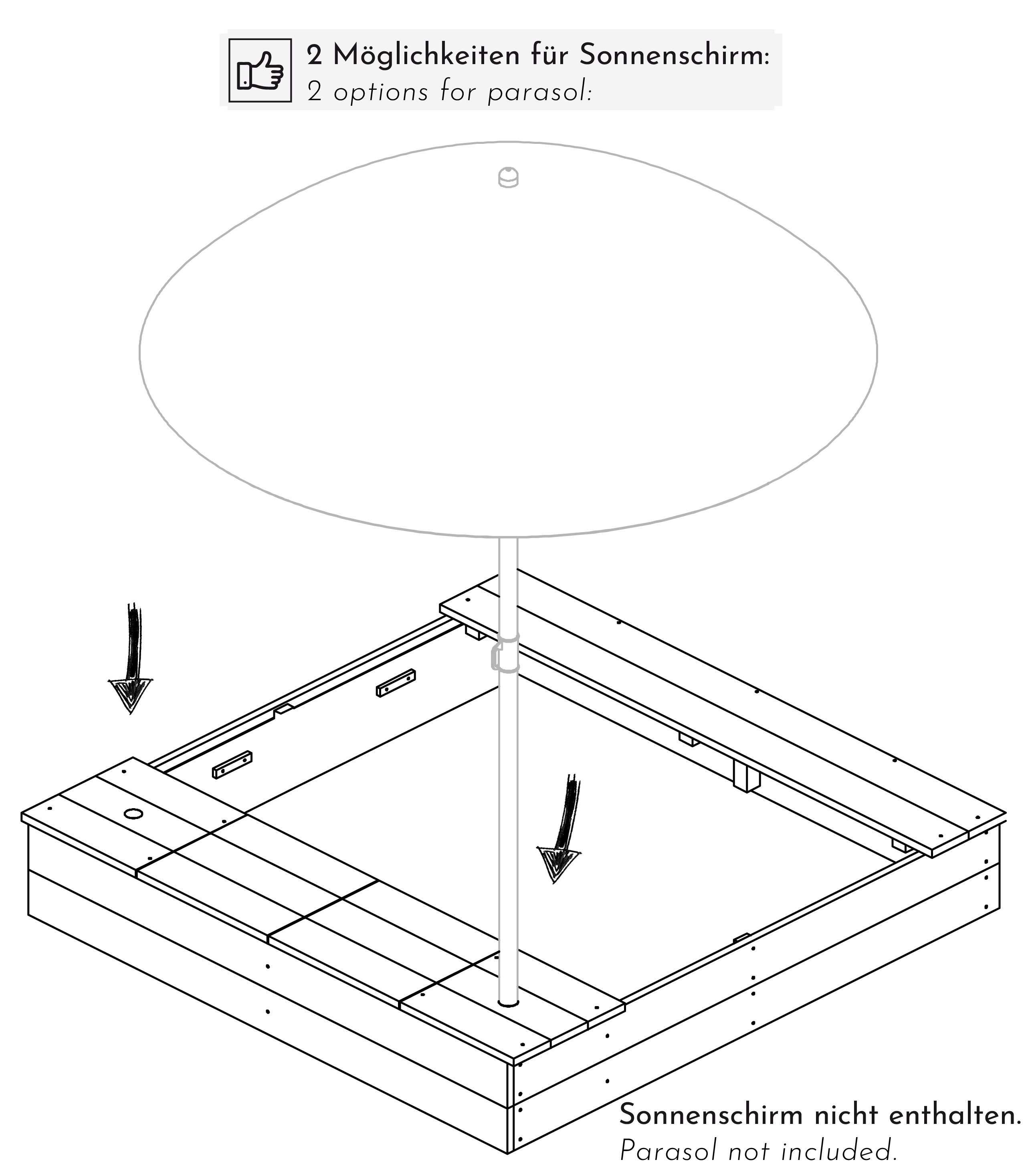 WONDERMAKE Sandkasten mit Abdeckung, 2x Matschküche, Boden Vlies, Sandkiste Holz Deckel bunt, Design mit Bank quadratisch verschließbar Outdoor Garten schwarz bunt