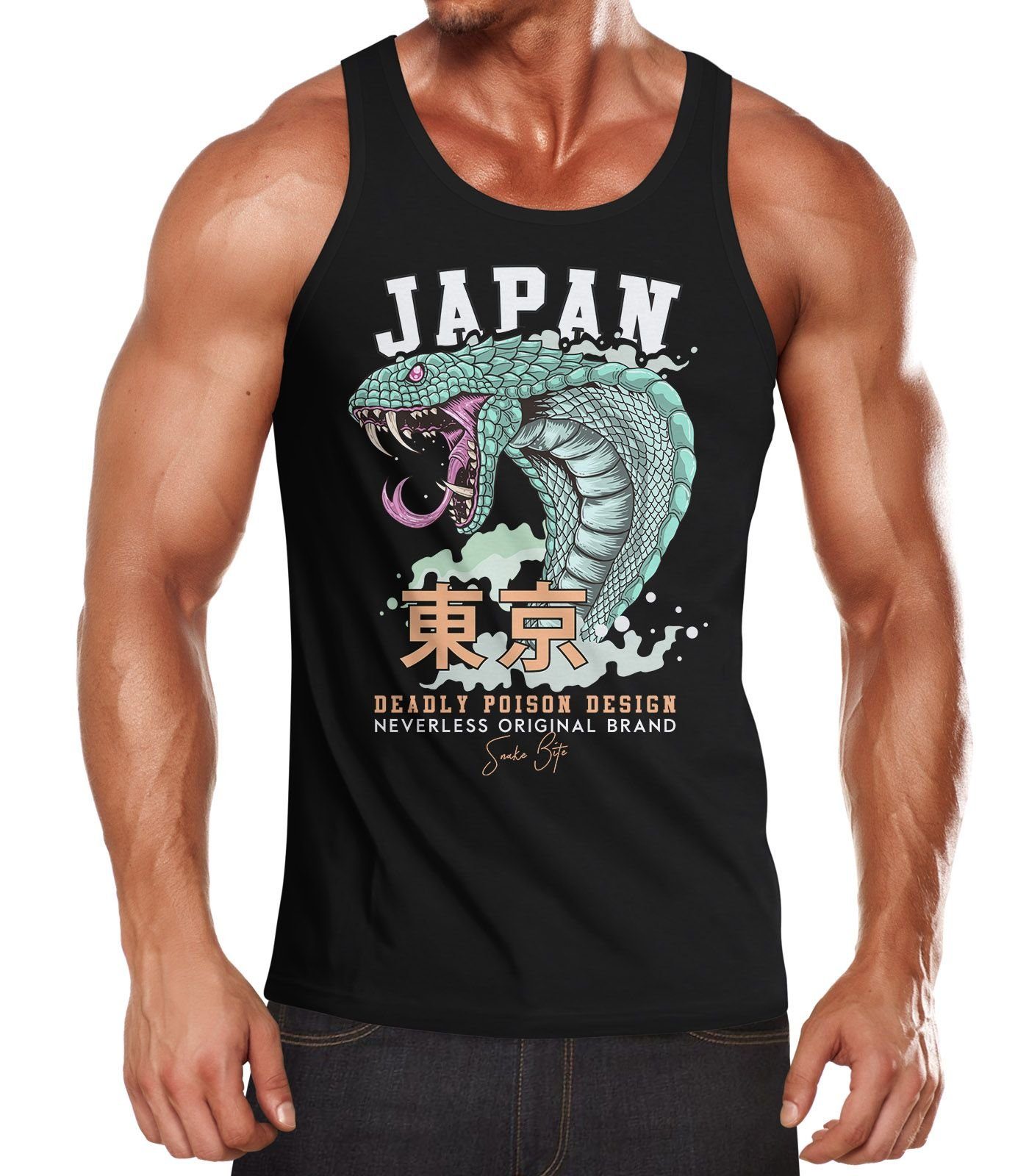 Neverless Tanktop Herren Tank-Top Japan Kobra Motiv japanische Schriftzeichen Schriftzug Deadly Poison Design Fashion Streetstyle Muskelshirt Muscle Shirt Neverless® mit Print