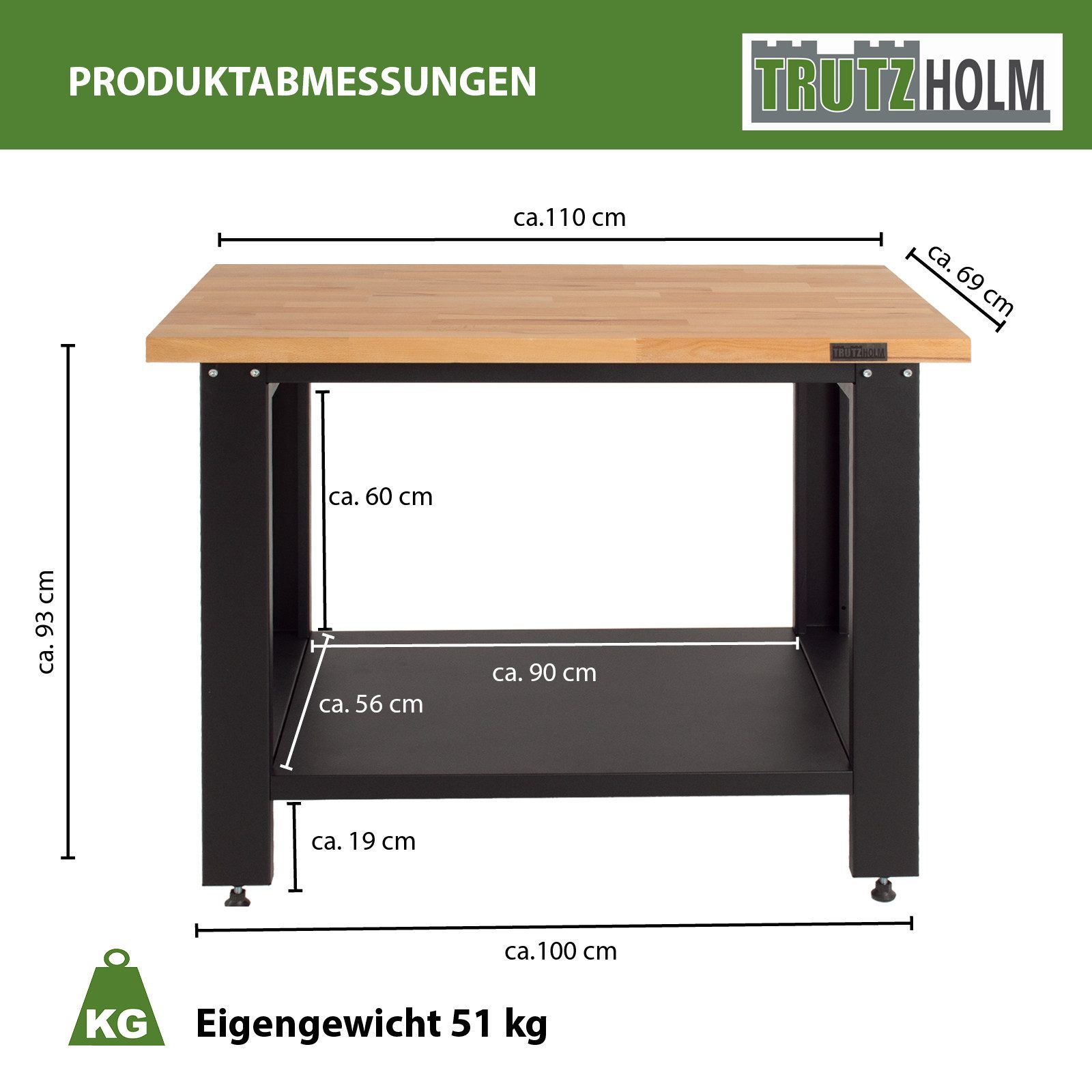 TRUTZHOLM Werkbank Werkbank Profiline XL freistehend modular ca.1,7 m robust Stahl Holz, (Artikel, 1-tlg), elektrostatischen Pulverbeschichtung in RAL 7016