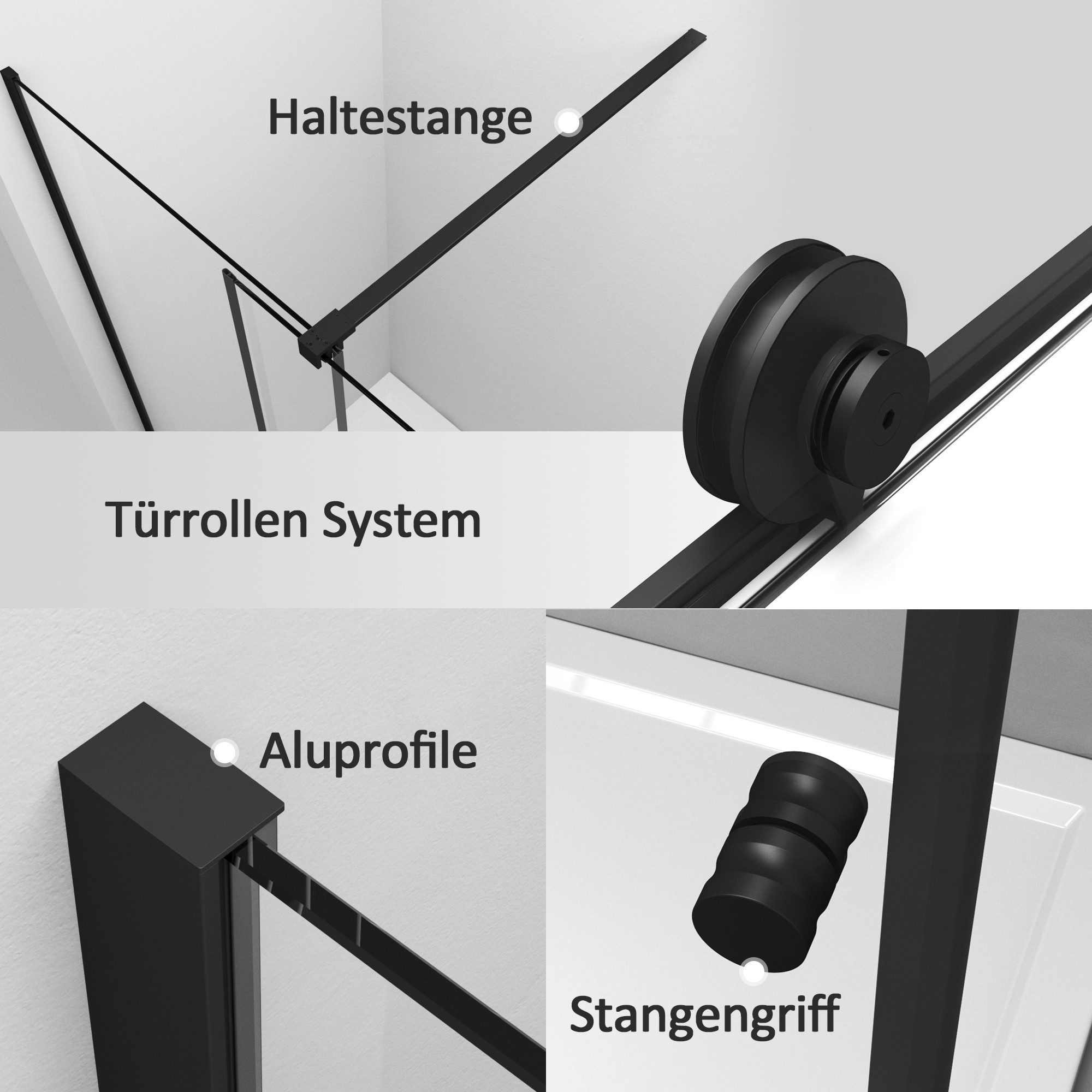 Boromal Duschwand Badewanne Schwarz Duschtrennwand Glas Duschabtrennung Schiebetür, 6mm ESG, (Badewannenaufsatz 2 teilig Rahmenlos Design, mit Haltestange & Rollensystem), Links- oder Rechtsmontage, mit Bohren