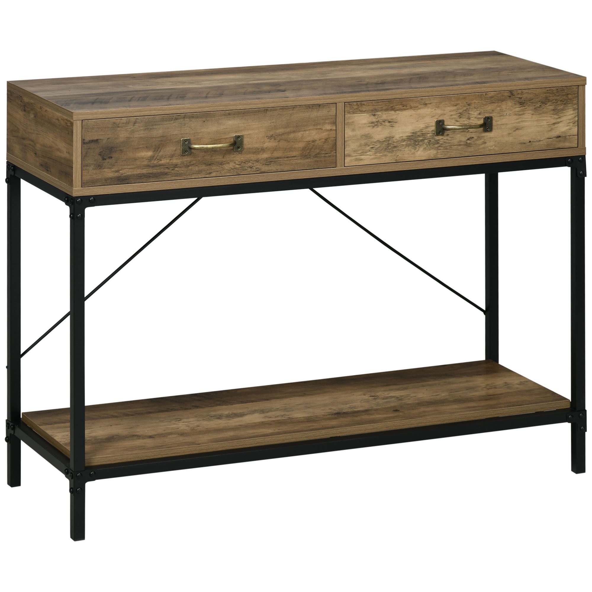 HOMCOM Konsolentisch 2 Schubladen Unterregal (Beistelltisch, 1-St., Eingangstisch), vintage Metall Spanplatte Braun+Schwarz 100 x 35 x 76,5 cm