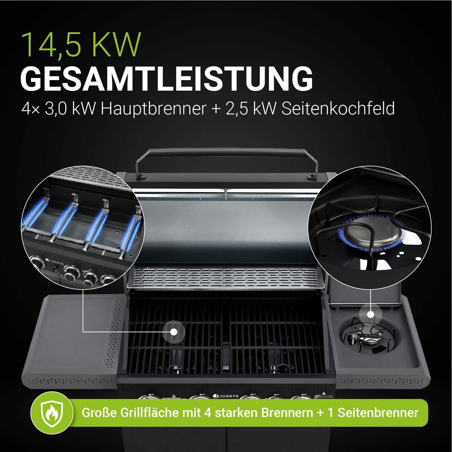 Juskys Gasgrill Savannah, 4+1 Brenner, 14,5 kW, Gusseisen Rost, Thermometer, Seitenablagen