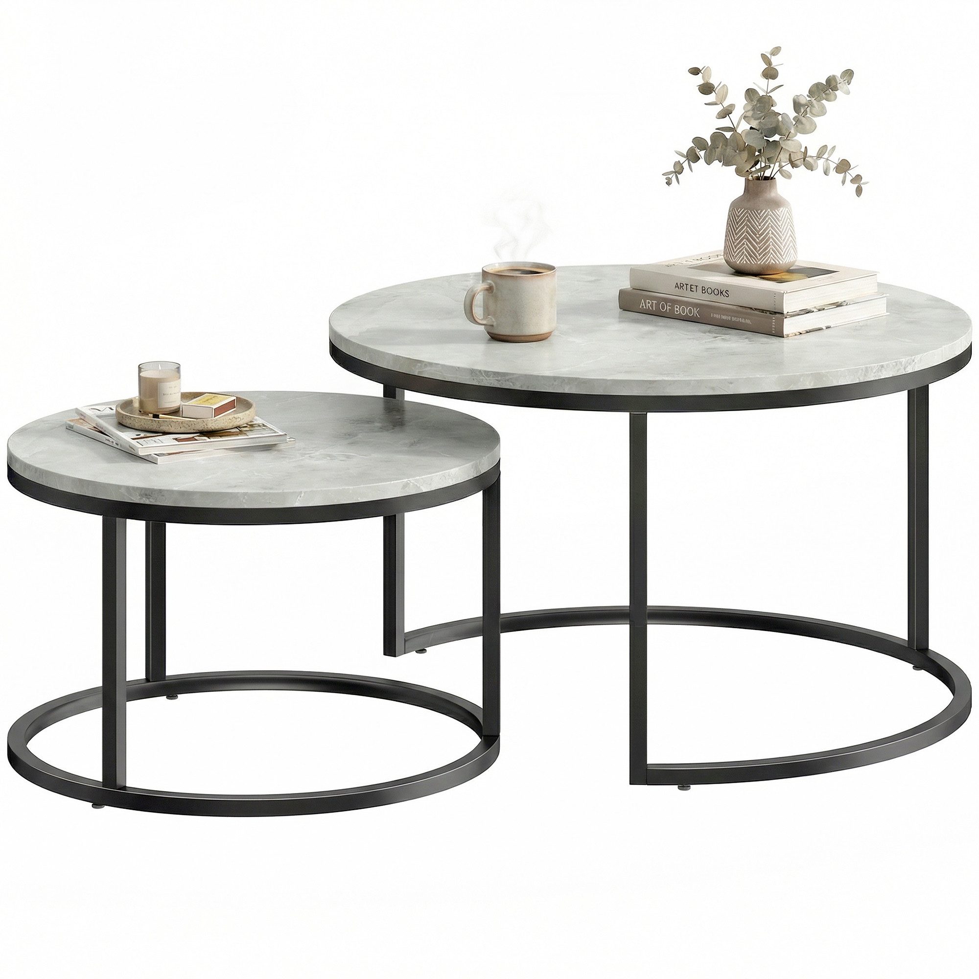 HOMCOM Couchtisch 2er-Set Beistelltisch mit Metallgestell stapelbar (Satztisch, 2-St., Wohnzimmertisch), 78,5 x 78,5 x 46,5 cm, Grau