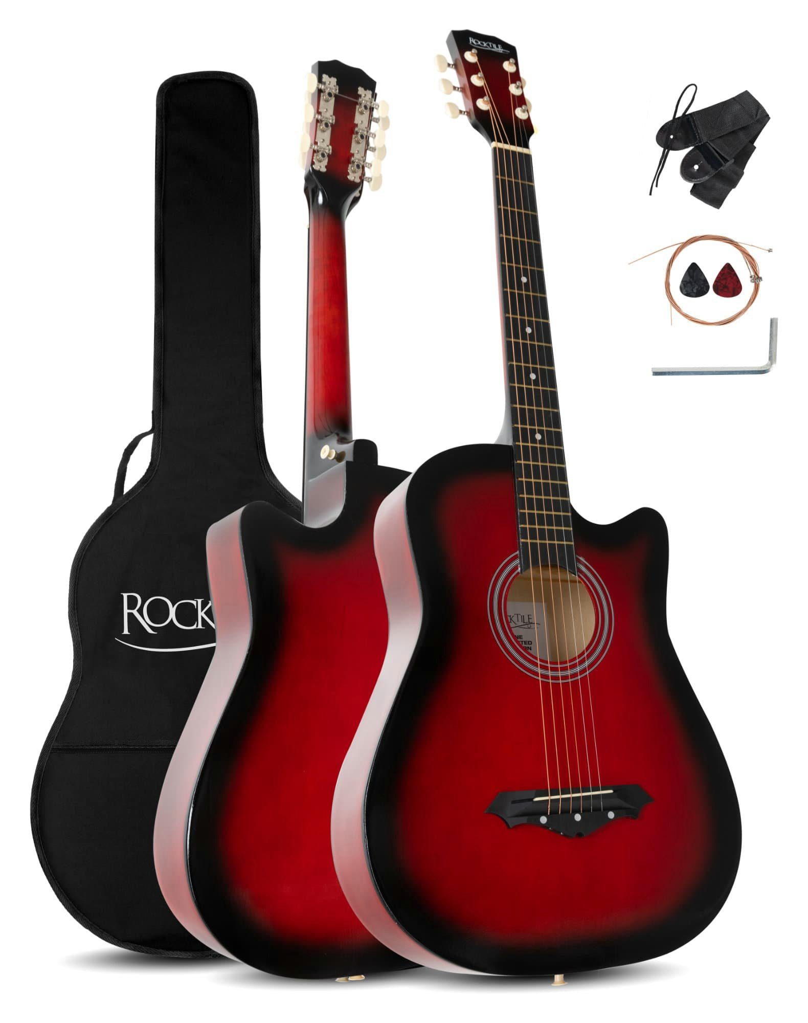 Rocktile Westerngitarre WSD-5C Slim Line Akustikgitarre Set - Dreadnought Akustik  Gitarre 4/4, Set inkl. Tasche, Ersatzsaiten, Gurt und Plektren