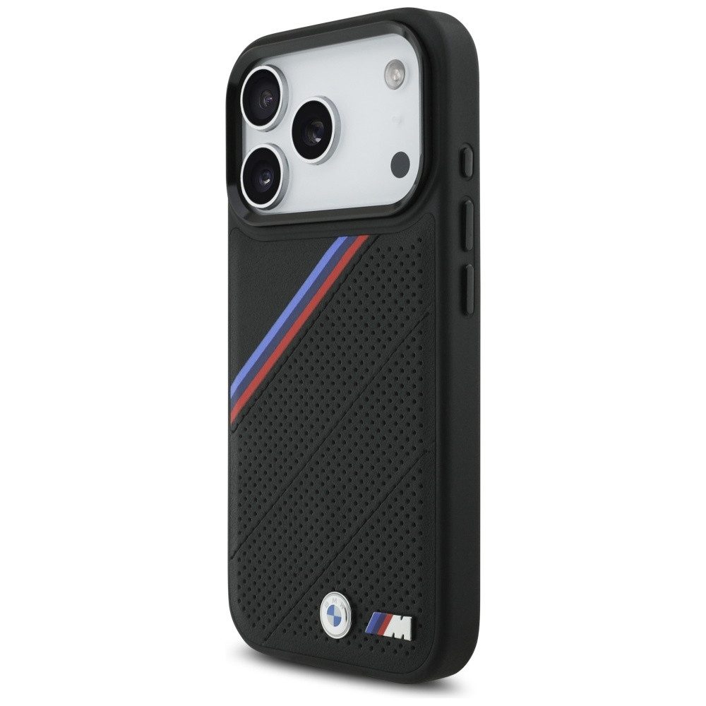 BMW Handyhülle Case iPhone 17 Pro MagSafe Kunstleder schwarz Tricolor Logo Metall 6,3 Zoll, Kantenschutz