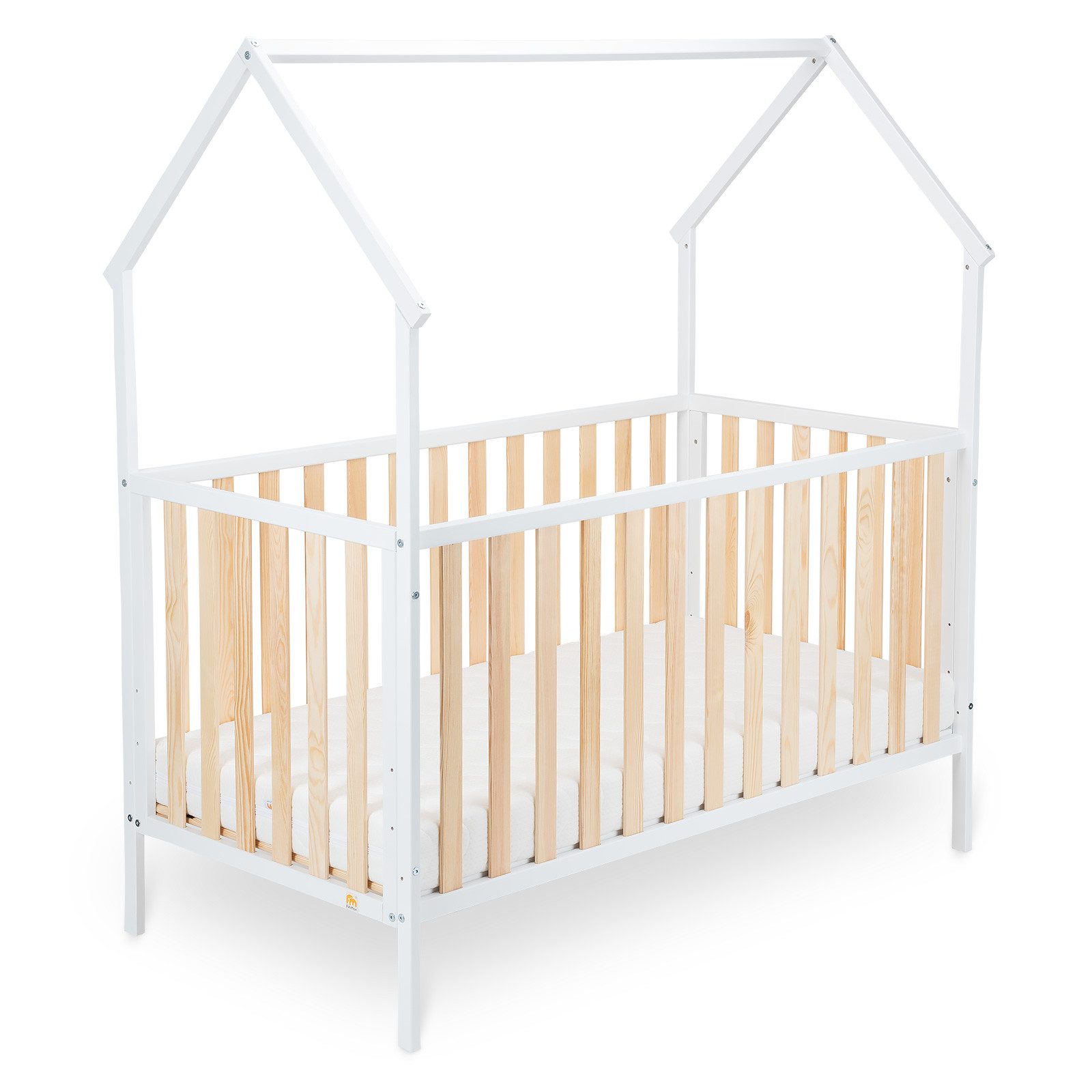 Kinderbett Hausbett Schlafmütze 140 x 70 cm Liegefläche, weiß lackiert / natur