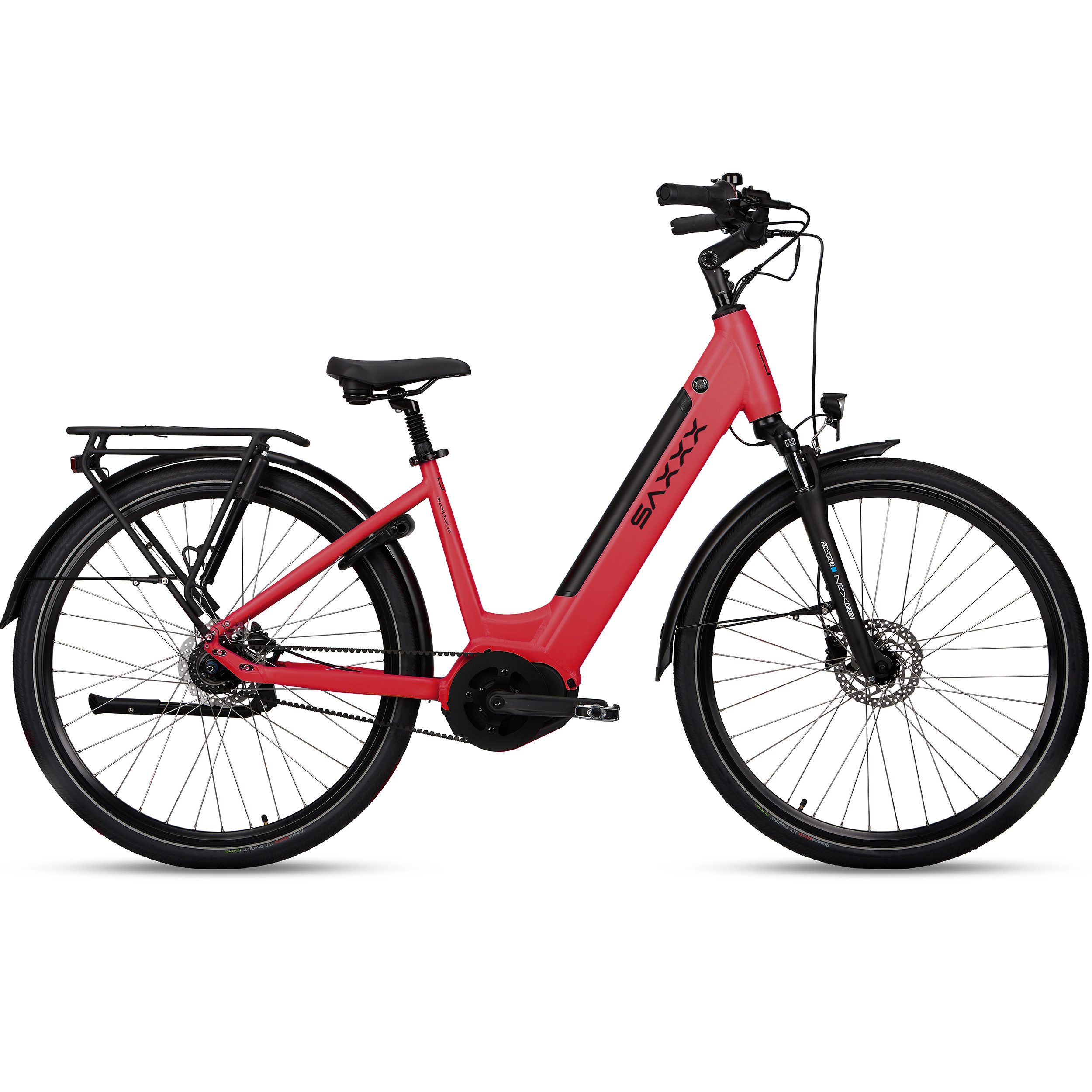 SAXXX E-Bike Damen 28 Zoll Herren, Riemenantrieb, Cityrad, Drehmomentsensor, Federsattelstütze, 7 Gang Shimano Nexus SG-C3001-7D Schaltwerk, Nabenschaltung, Mittelmotor, 468 Wh, (LCD-Farbdisplay, 5 Stufen, Alu-Tiefeinsteiger, hydr. Scheibenbremsen), bis 100km, Synchronriemenantrieb, Elektrofahrrad, 95 % vormontiert