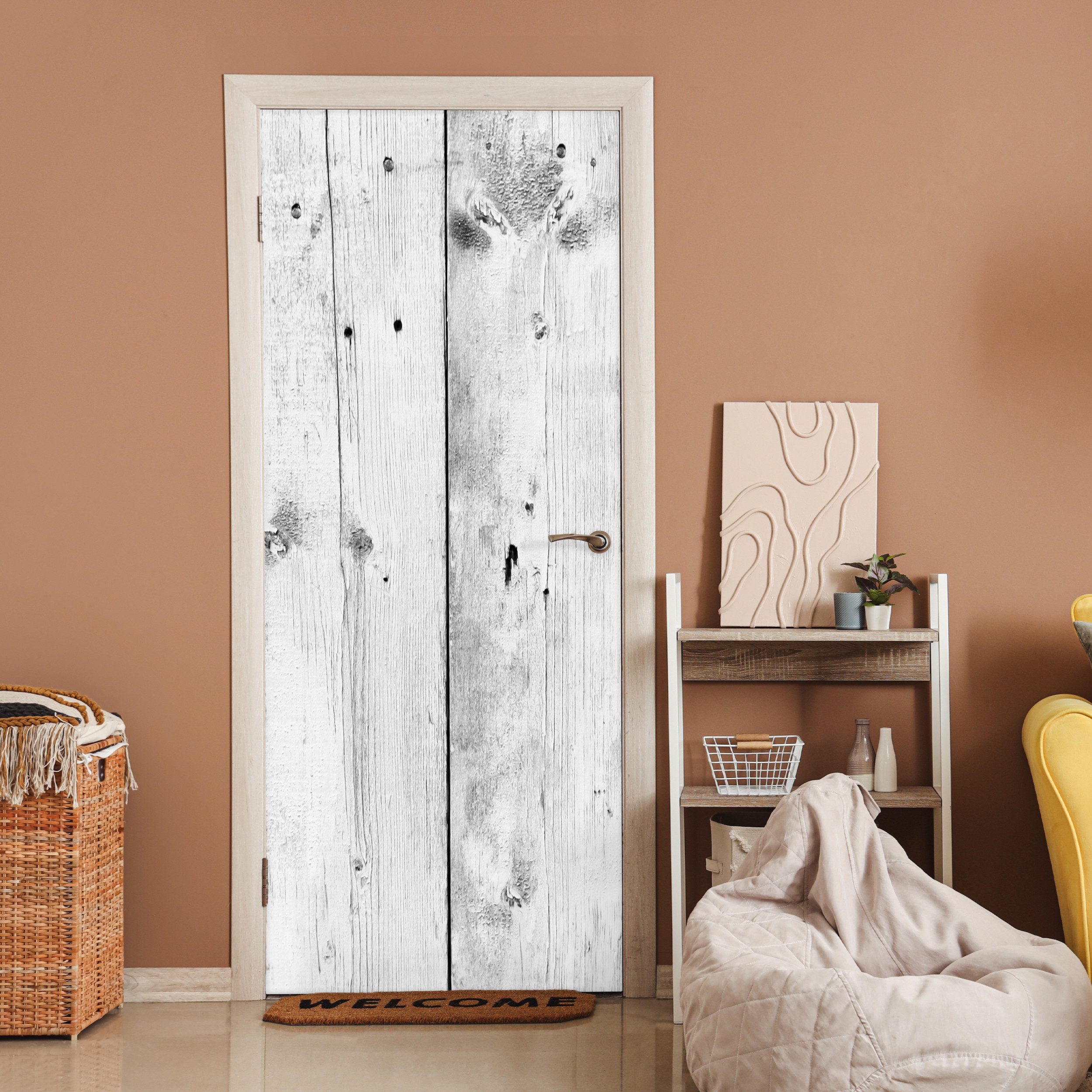 MuchoWow Türtapete Vintage - Holz - Grau - Weiß, Matt, bedruckt, (1 St), Selbstklebende Tapete, Folie für Möbel, 75x205 cm