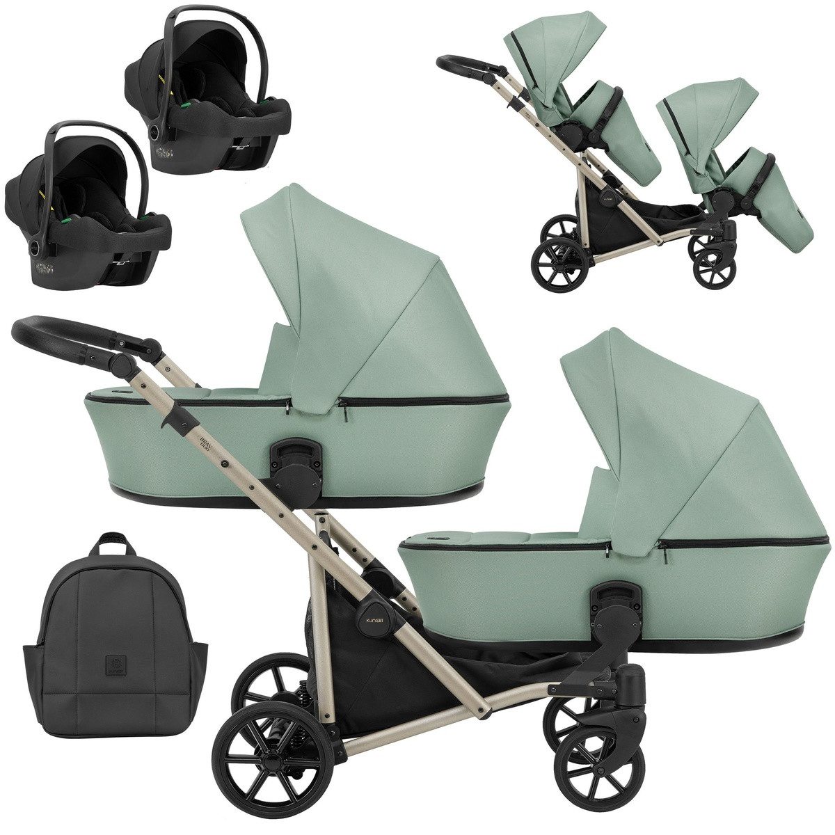 KUNERT Zwillings-Kombikinderwagen BRAV DUO 3 in 1 Doppelkinderwagen mit 2x Cosmo Babyschalen Cream, 12 Konfigurationen, leichter Aluminiumrahmen, große Ablagefächer
