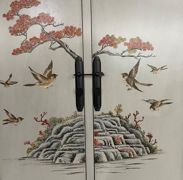 OPIUM OUTLET Kleiderschrank Chinesischer Hochzeitsschrank beige-grau Vintage-Stil (B x T x H: 90 x 60 x 160 cm; komplett montiert, Farbe hellgrau / beige) asiatisch orientalisch, Schrank Sideboard Kommode Möbel
