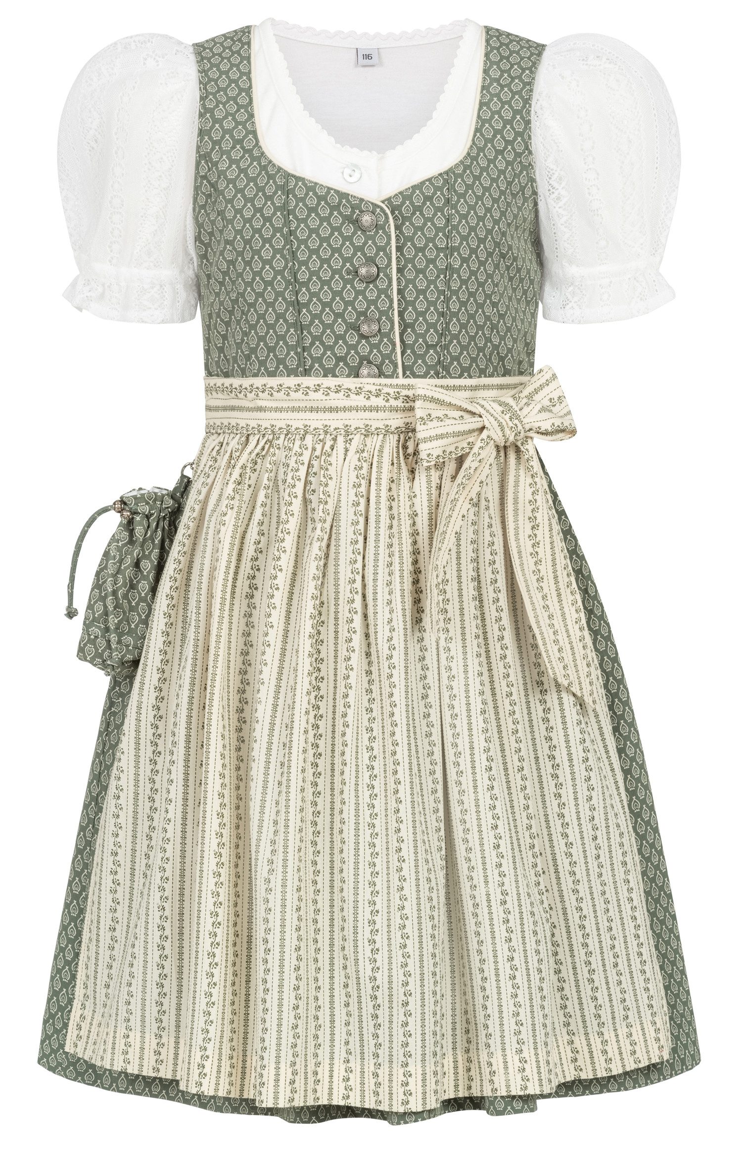 Nübler Dirndl Kinderdirndl Fredericke in Salbei, 3-teiliges Set - Rocklänge knielang