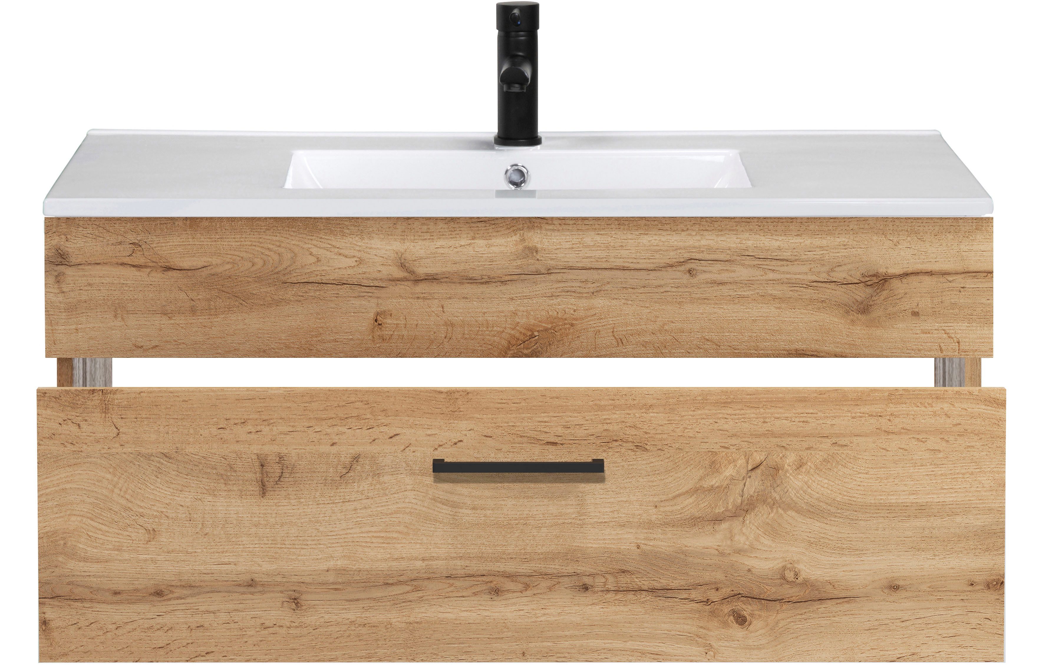 welltime Waschtisch Trento Light mit Keramik-Auflagebecken, 1 feste Blende und 1 Auszug, Breite: 81cm, Wotaneiche – Bild 3 von 5
