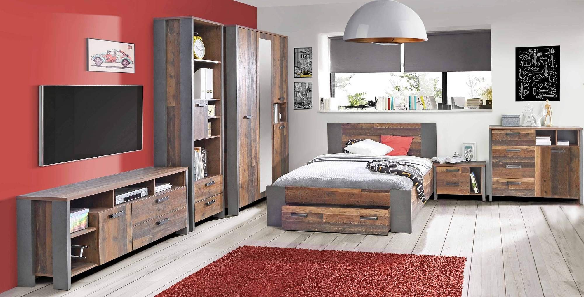 FORTE Komplettschlafzimmer Jugendzimmer CLIF, 7-tlg. Old Wood Vintage und dunkelgraue Betonoptik, (Komplett-Set, 7-tlg., Nachtkommode, Bett, Schublade, Sideboard, Lowboard, Regal, Schrank)