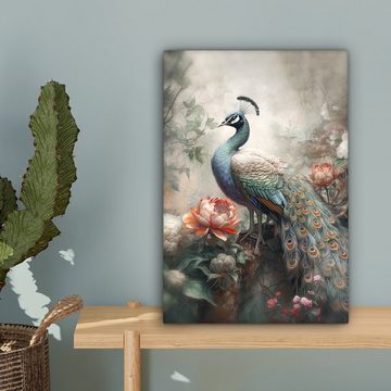 OneMillionCanvasses® Leinwandbild Pfau - Pfauenfedern - Vogel - Dschungel - Blumen, (1 St), Leinwand Wandbild, Wanddekoration 20x30 cm