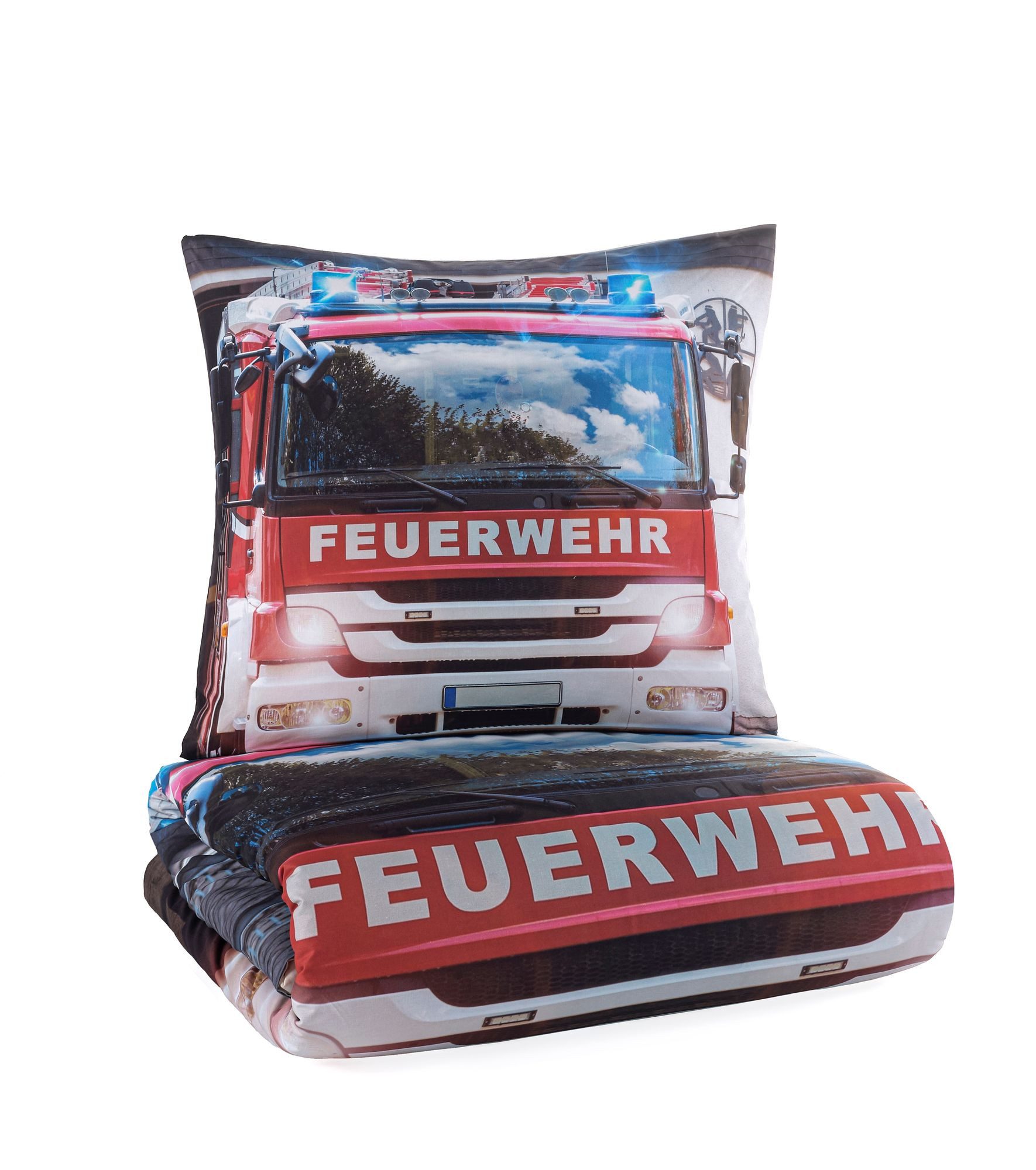 KK Shopping Kinderbettwäsche Bettwäsche Feuerwehr Auto 80 x 80 und 135 x 200 cm, 1 teilig