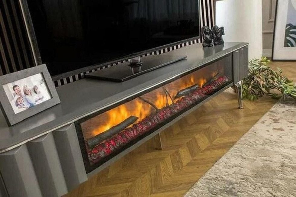 Xlmoebel TV-Board TV-Sideboard in Grau mit Kamin und Stauraum aus MDF und Metall (TV-Sideboard, 1 St., TV-Lowboard), Hergestellt in Europa
