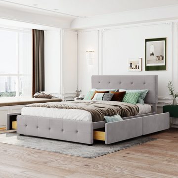 WISHDOR Polsterbett Doppelbett Bett Funktionsbett + 4 Schubladen ohne Matratze 140x200cm (Bettgestell mit Lattenrost), Bezug aus Hautfreundlicher Samtstoff