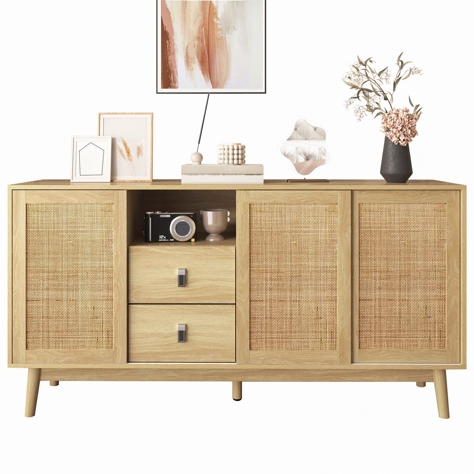 Yorbay Sideboard aus echtem Rattan, Landhaus & Scandi Design, mit 3 Schiebetüren aus Rattan und 2 Schubladen, 155x38x80 cm