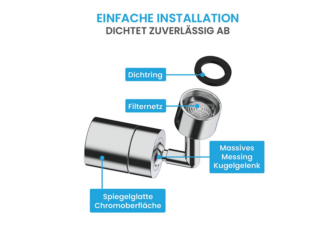 Thumbnail - Bächlein Küchenarmatur Hochwertiger Wasserhahnaufsatz mit 2 Strahlarten (Chrom) abgewinkelter Aufsatz mit 360° Schwenkbe...