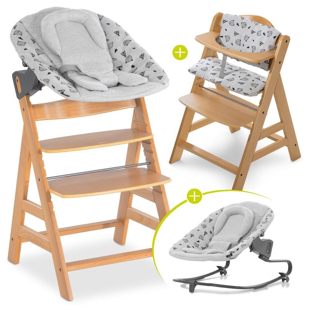 Hauck Hochstuhl Hauck Alpha Plus Natur Newborn Set (Set, 4 St), Baby Holz Hochstuhl ab Geburt mit Liegefunktion - inkl. Aufsatz für Neugeborene (Wippe) Premium & Baumwoll Sitzauflage - mitwachsend, höhenverstellbar