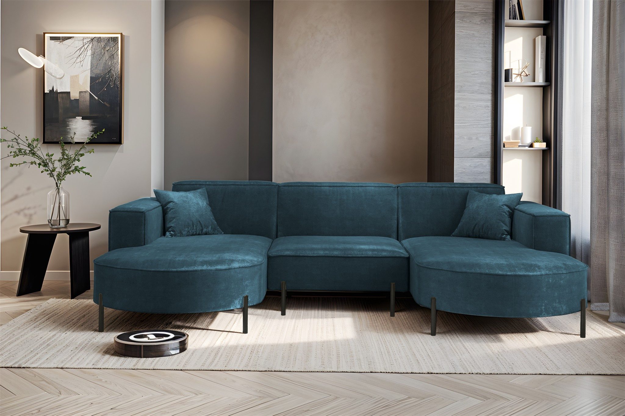 Fun Möbel Wohnlandschaft Sofa U-Form VALENCIA in Stoff, Für Saugroboter geeignet