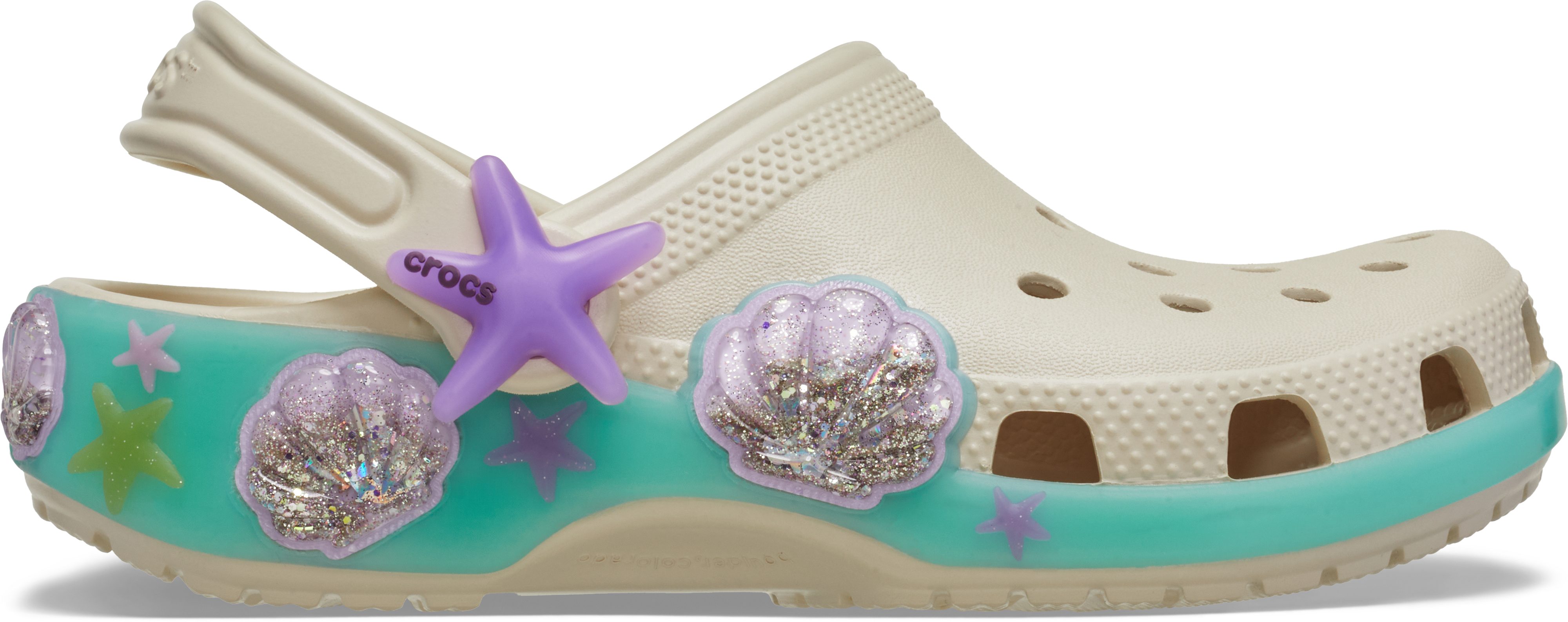 Crocs Classic Sea Sparkle Shaker Clog Sommerschuh, Strandschuh mit Glitter-Muscheln
