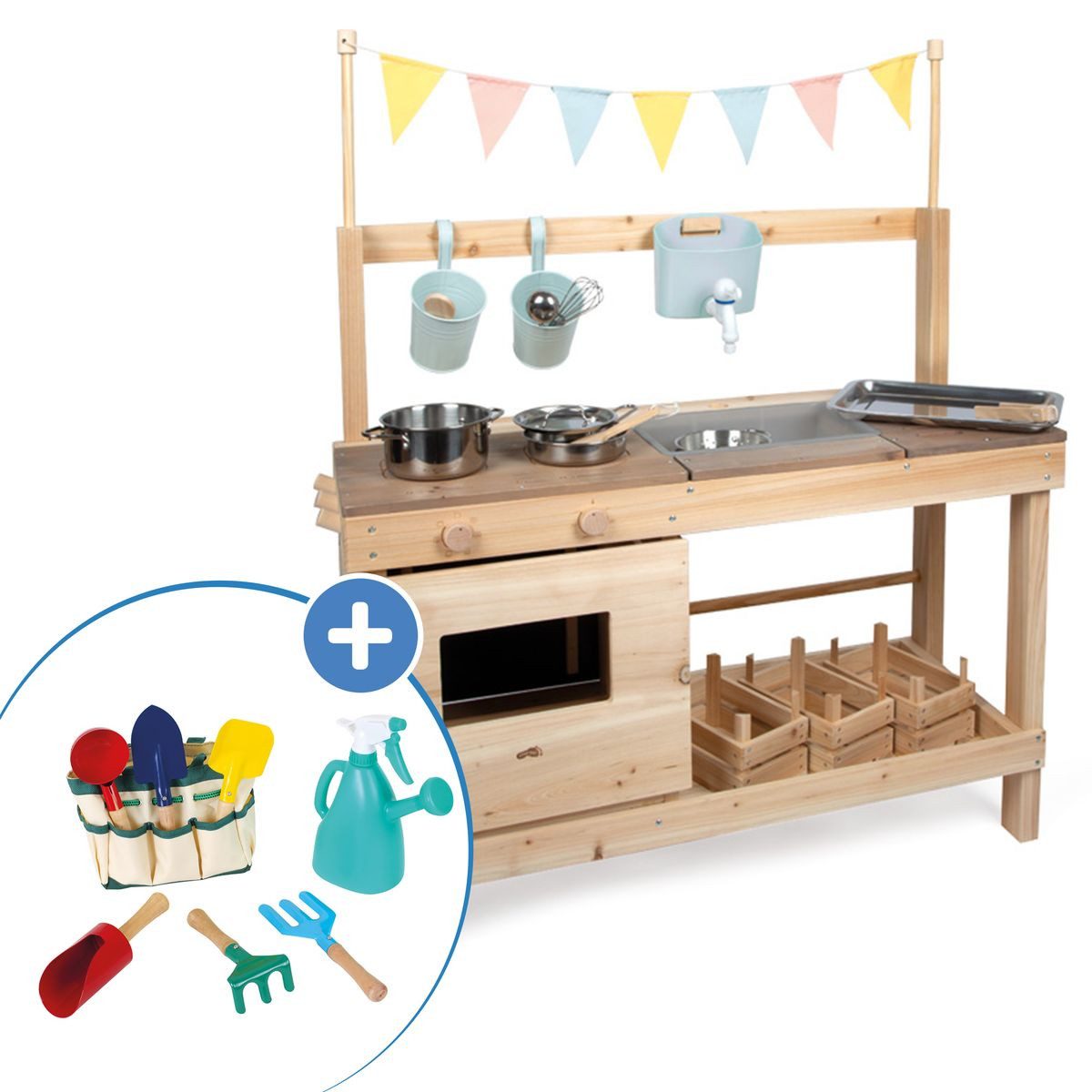 Small Foot Schubkarre Garten-Spielset - Natur, Kinder Garten Matschküche Outdoor Spielküche & Gartentaschen-Set