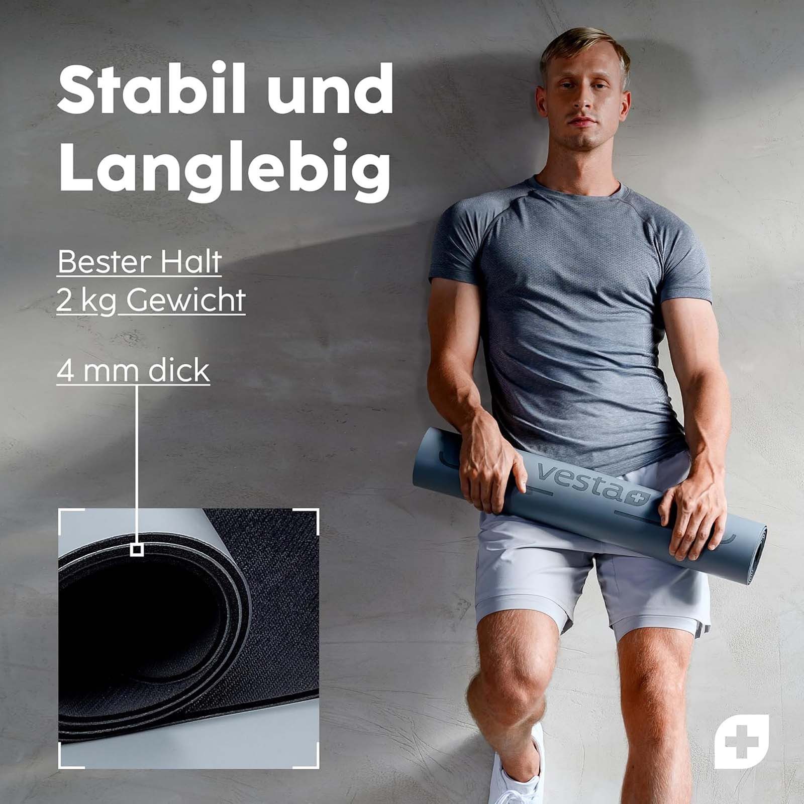 Vesta+ Yogamatte Premium Fitnessmatte Sportmatte Gymnastikmatte, Naturkautschuk Rutschfest 183 x 65 cm Dicke 0,4 cm